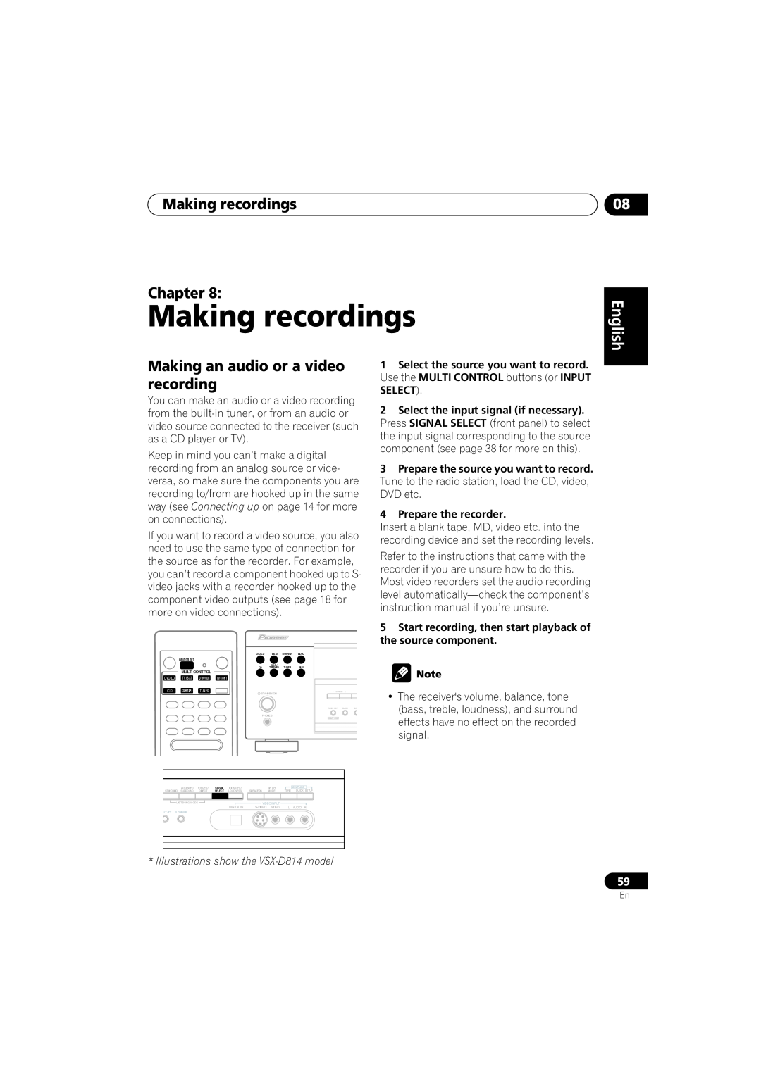 Pioneer VSX-D714, VSX-D514 manual Making recordings Chapter, English, Making an audio or a video recording 