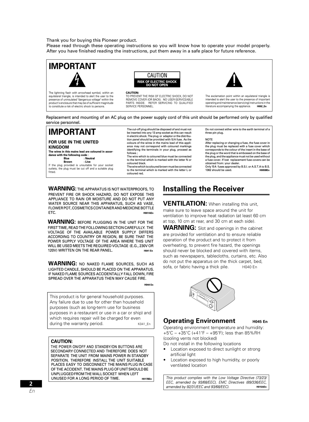 Pioneer VSX-D811S-S, VSX-D711-S, VSX-D711-K, VSX-D811S-K manual Installing the Receiver, Operating Environment 