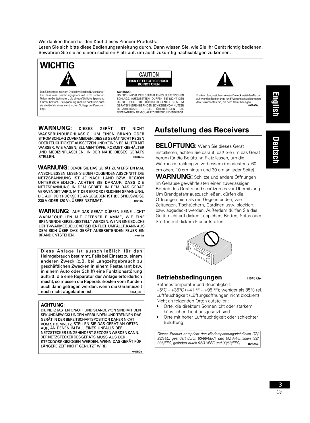 Pioneer VSX-D811S-K, VSX-D711-S, VSX-D711-K, VSX-D811S-S manual Aufstellung des Receivers, Betriebsbedingungen 