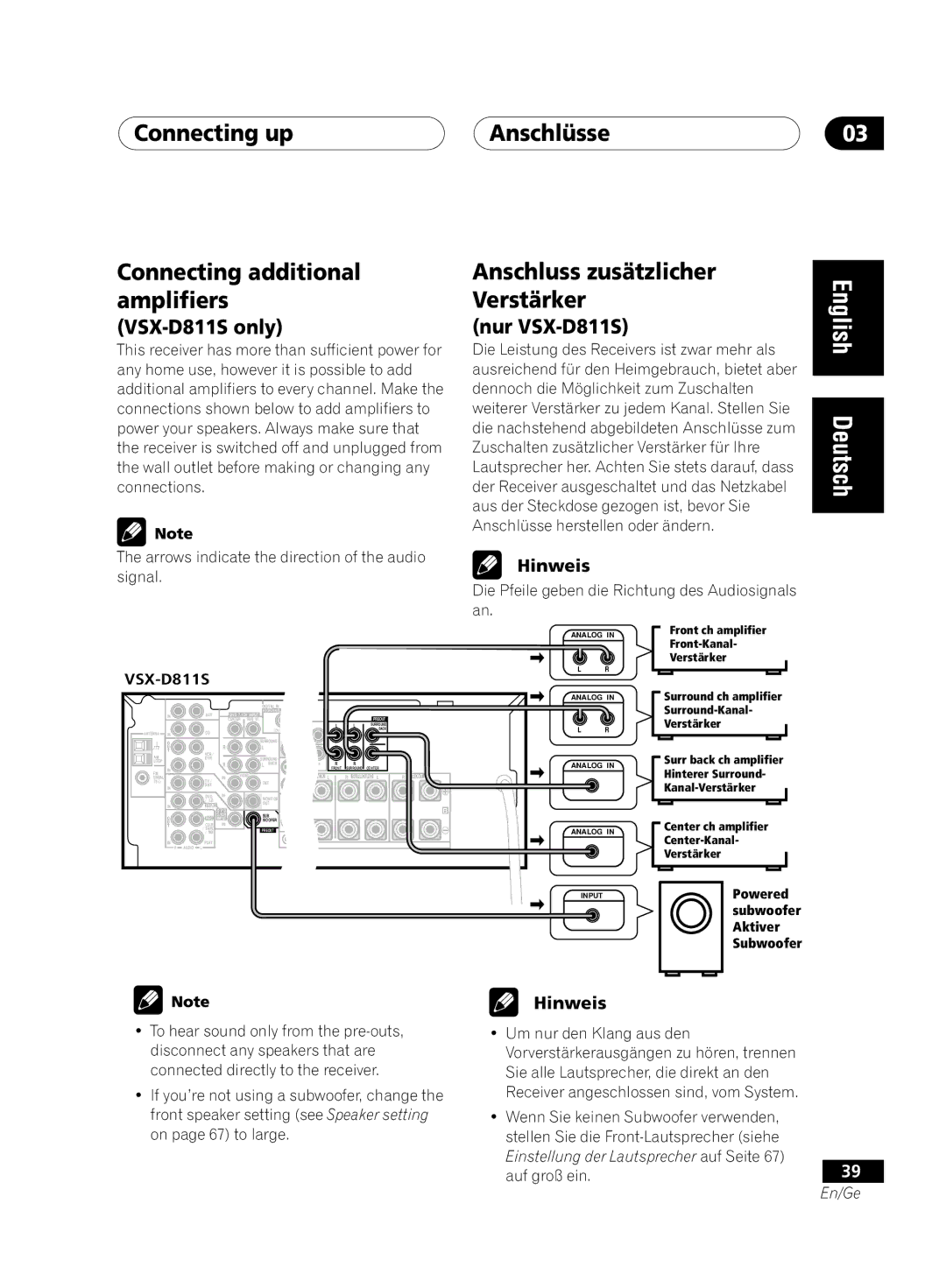 Pioneer VSX-D811S-K manual Connecting up Connecting additional amplifiers, Anschlüsse03 Anschluss zusätzlicher Verstärker 