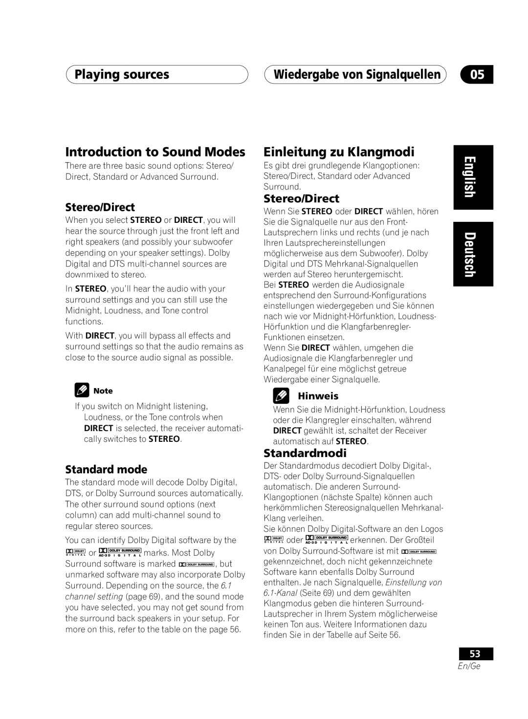 Pioneer VSX-D711-K manual Playing sources Introduction to Sound Modes, Wiedergabe von Signalquellen Einleitung zu Klangmodi 