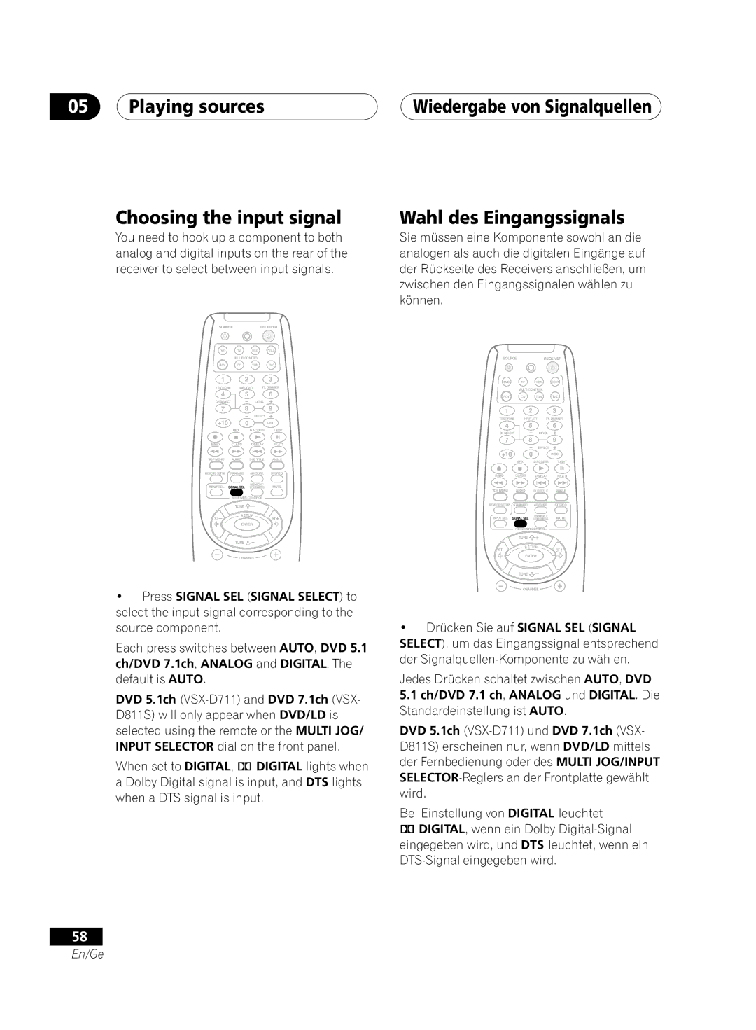 Pioneer VSX-D811S-S manual Playing sources Choosing the input signal, Wiedergabe von Signalquellen Wahl des Eingangssignals 