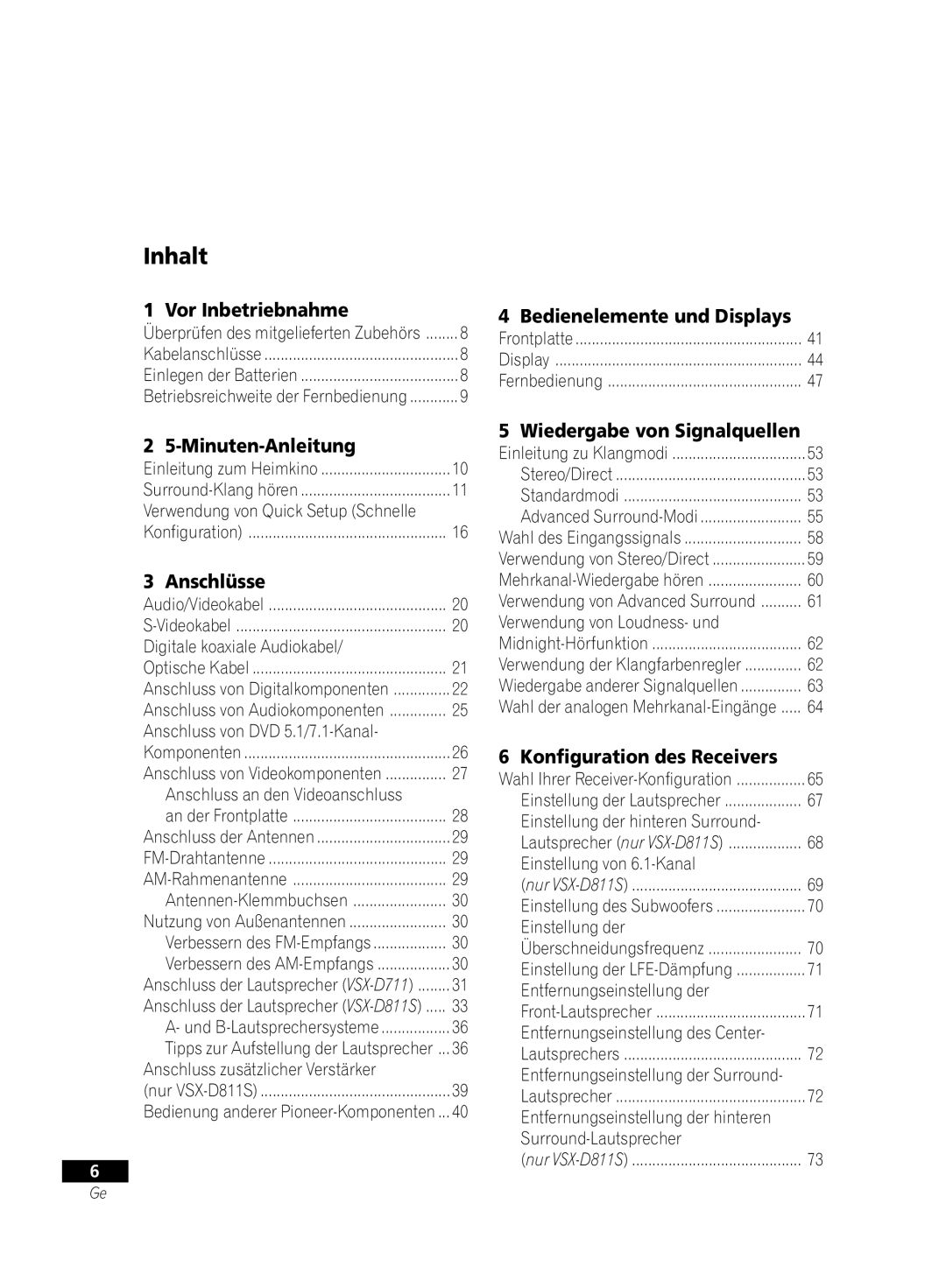 Pioneer VSX-D811S-S, VSX-D711-S, VSX-D711-K, VSX-D811S-K manual Inhalt 