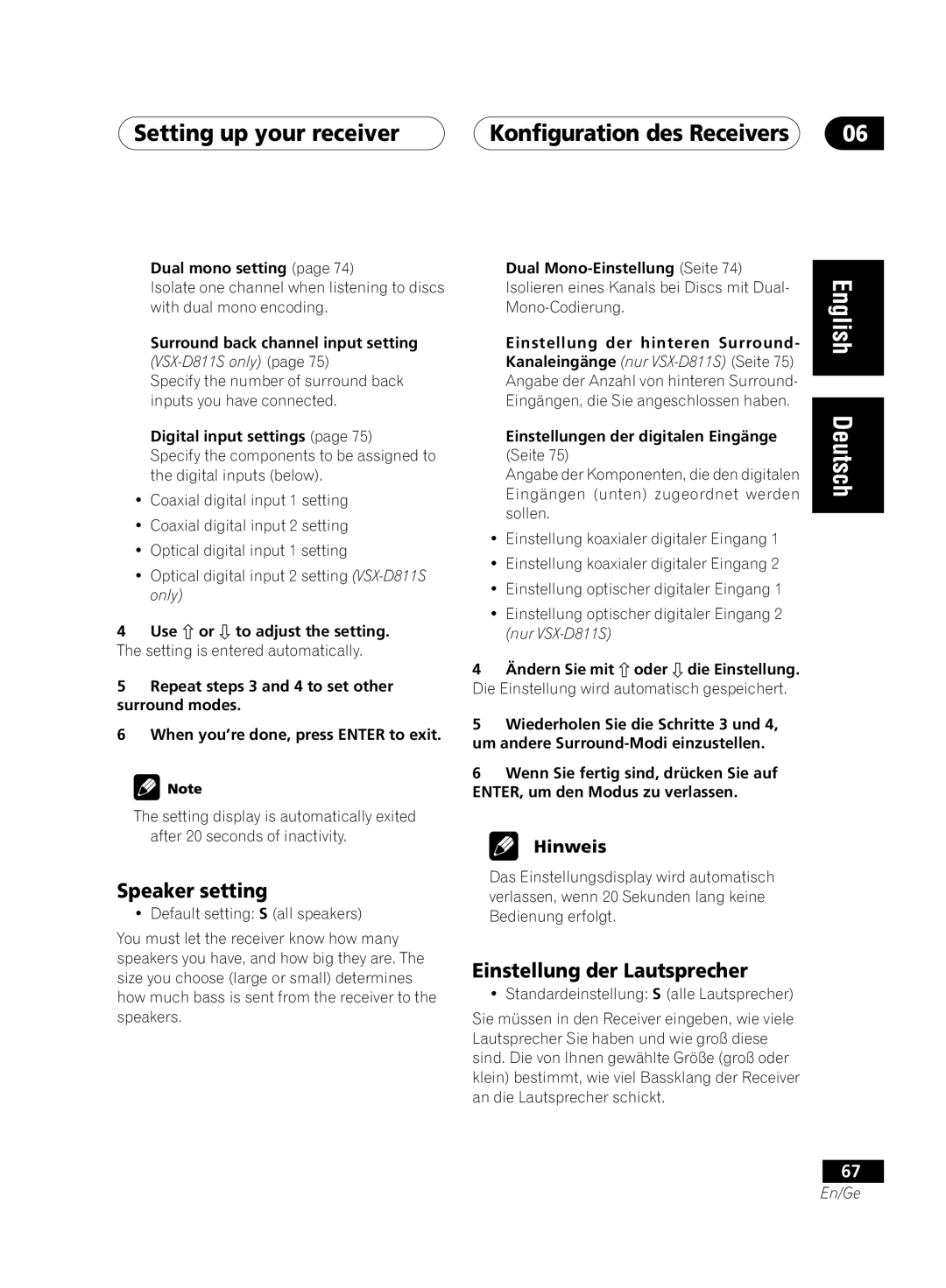 Pioneer VSX-D811S-K Setting up your receiver Konfiguration des Receivers, Speaker setting, Einstellung der Lautsprecher 