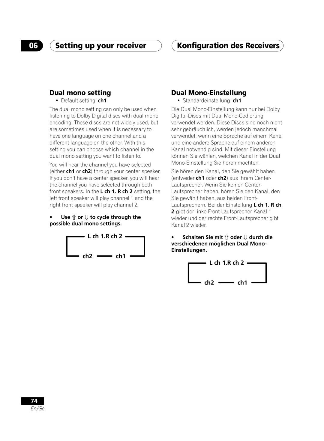 Pioneer VSX-D811S-S, VSX-D711-S, VSX-D711-K, VSX-D811S-K manual Dual mono setting, Dual Mono-Einstellung, Ch 1.R ch Ch2 ch1 