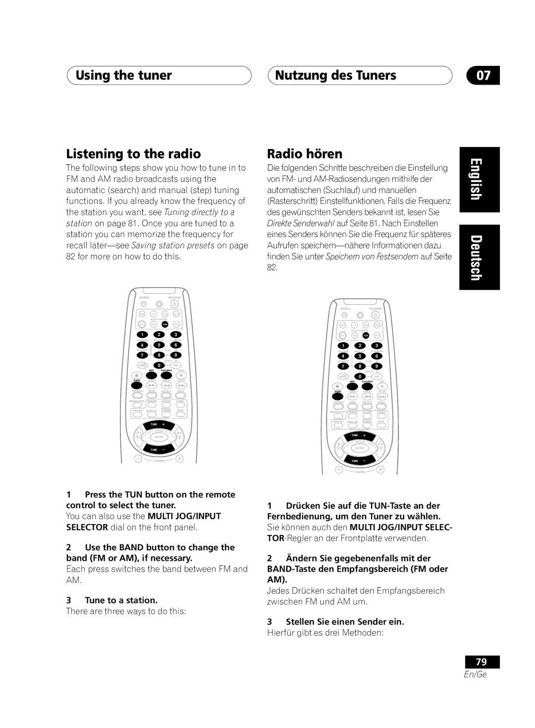 Pioneer VSX-D811S-K, VSX-D711-S Using the tuner Listening to the radio, Nutzung des Tuners Radio hören, Tune to a station 