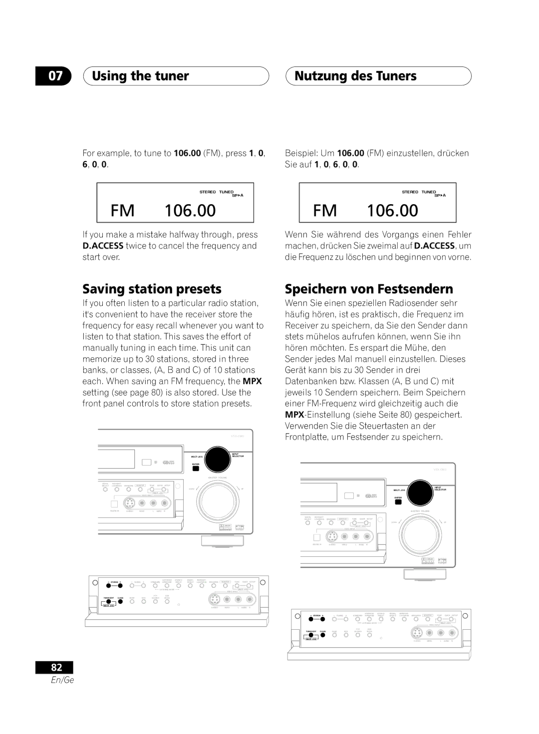 Pioneer VSX-D811S-S, VSX-D711-S Saving station presets, For example, to tune to 106.00 FM, press 1, Sie auf 1, 0, 6, 0 