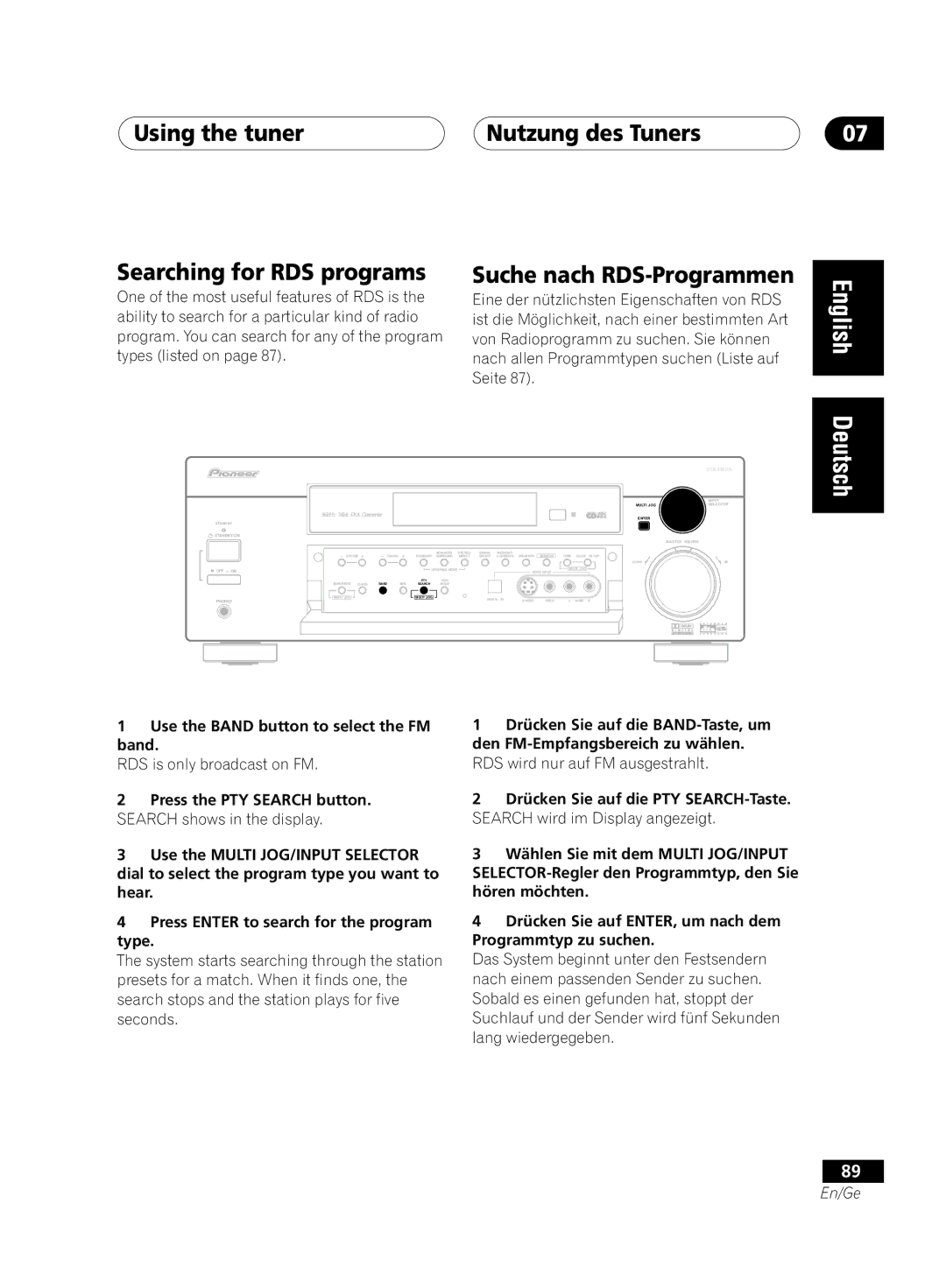 Pioneer VSX-D711-K, VSX-D711-S Using the tuner Searching for RDS programs, Nutzung des Tuners Suche nach RDS-Programmen 