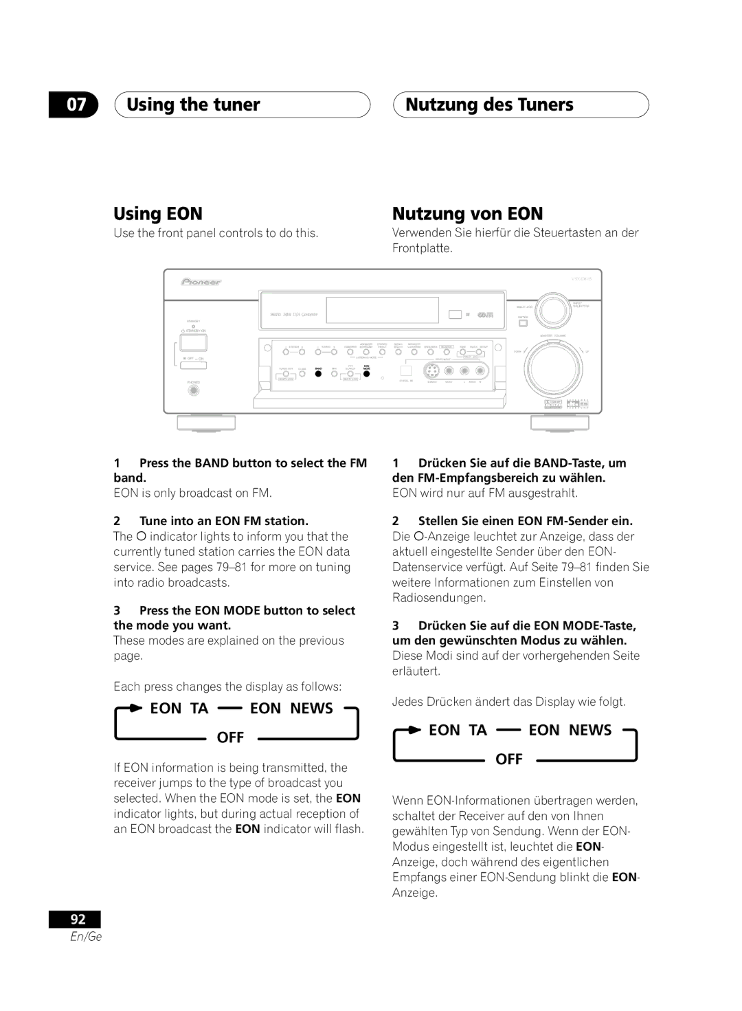 Pioneer VSX-D711-S Using EON Nutzung von EON, Press the Band button to select the FM band, Tune into an EON FM station 