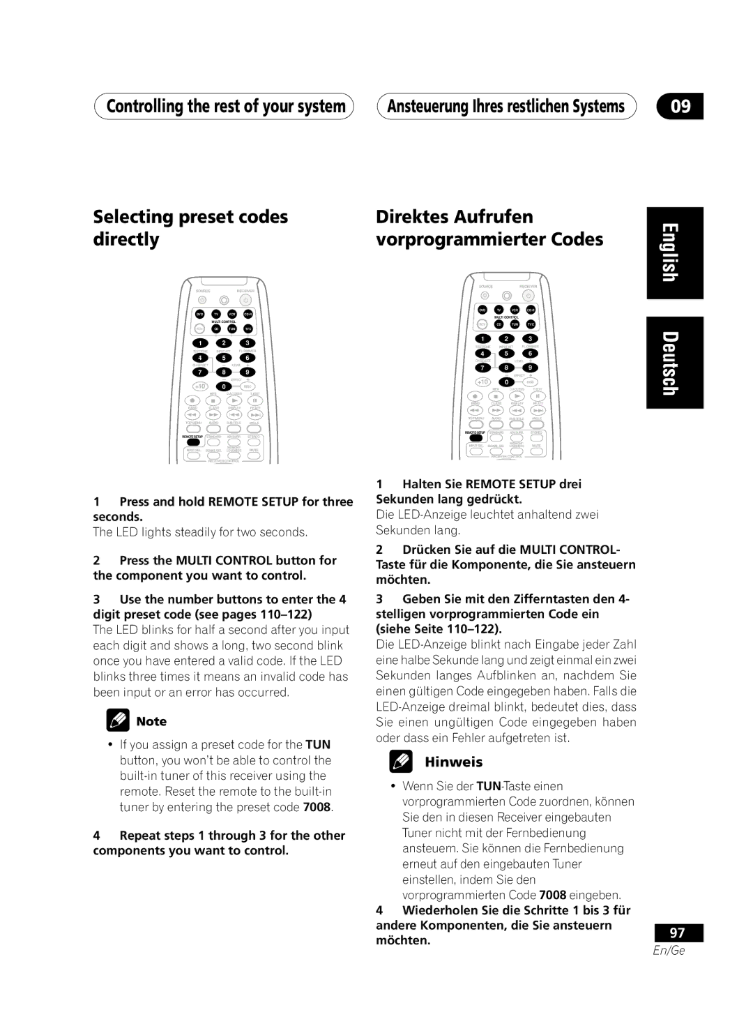 Pioneer VSX-D711-K, VSX-D711-S, VSX-D811S-S manual Selecting preset codes directly, Direktes Aufrufen vorprogrammierter Codes 