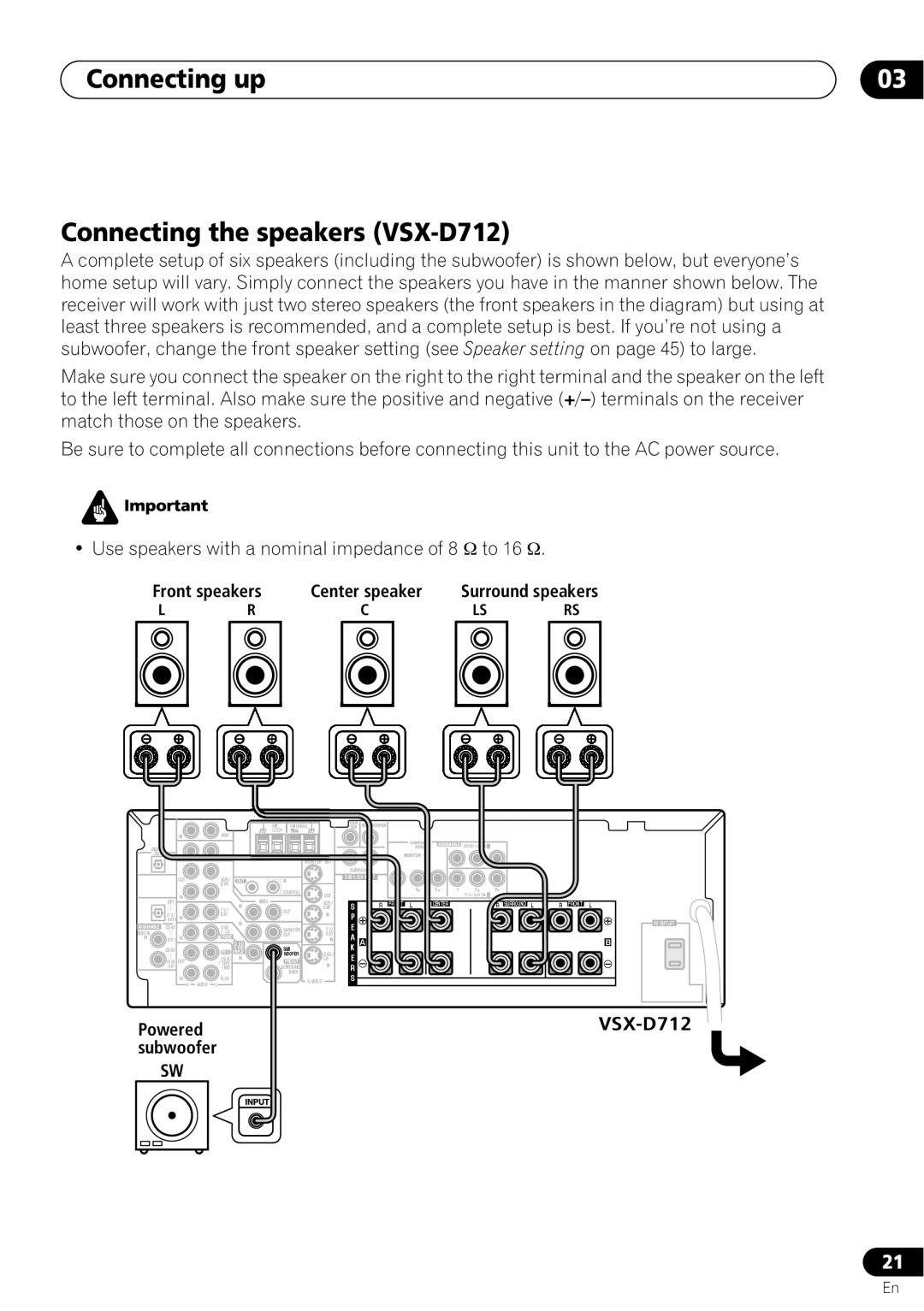 Pioneer manual Connecting the speakers VSX-D712, Connecting up, Assignable, Front, D V D, 5.1CH, Input 