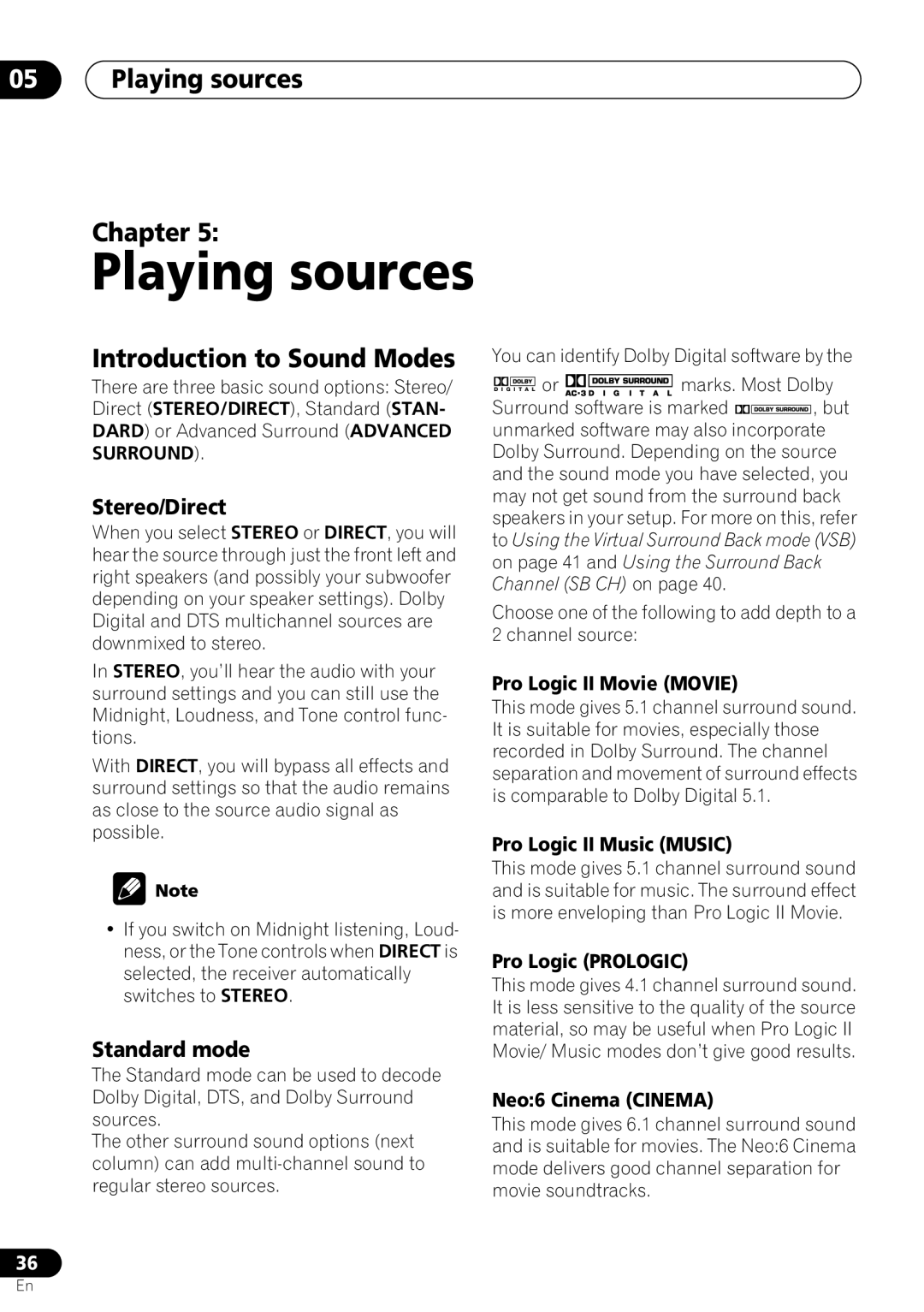 Pioneer VSX-D712 manual 05Playing sources Chapter, Introduction to Sound Modes, Stereo/Direct, Standard mode 