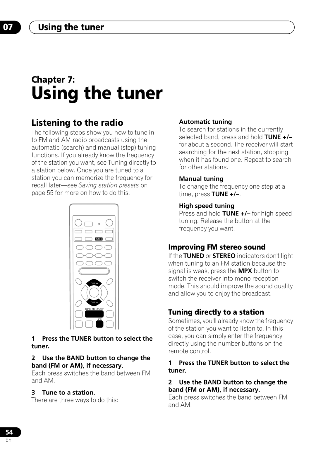 Pioneer VSX-D712 manual 07Using the tuner Chapter, Listening to the radio, Improving FM stereo sound 