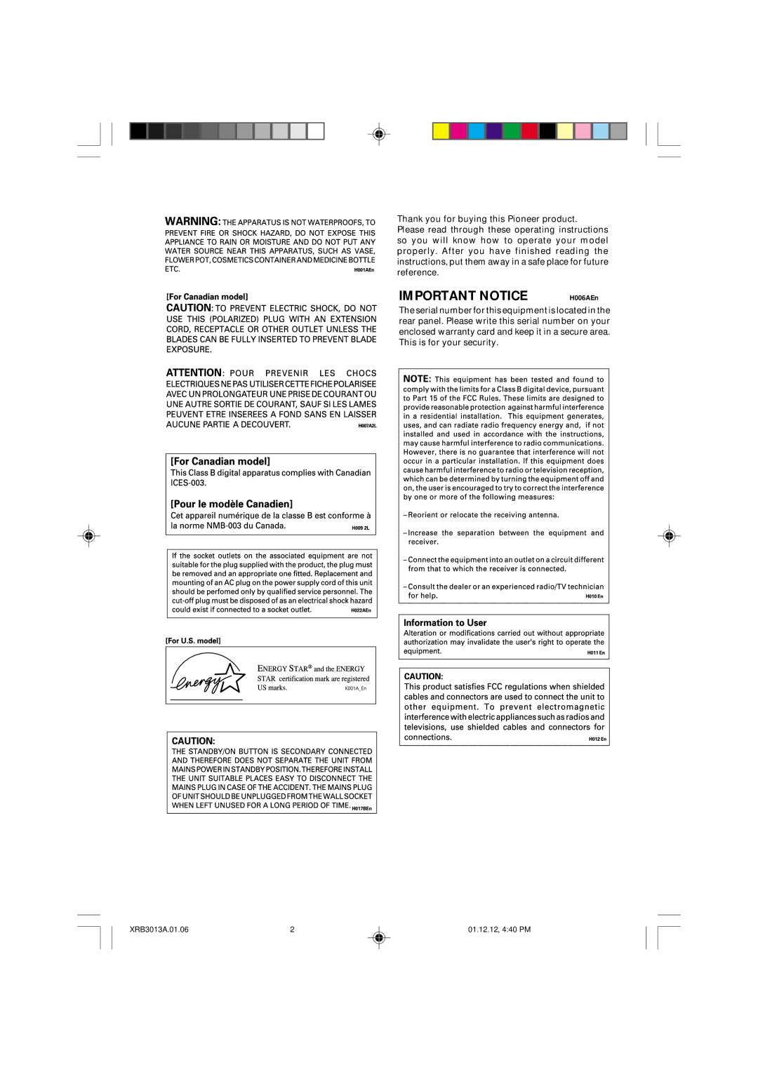 Pioneer VSX-D811S, VSX-D711 manual Important Notice 