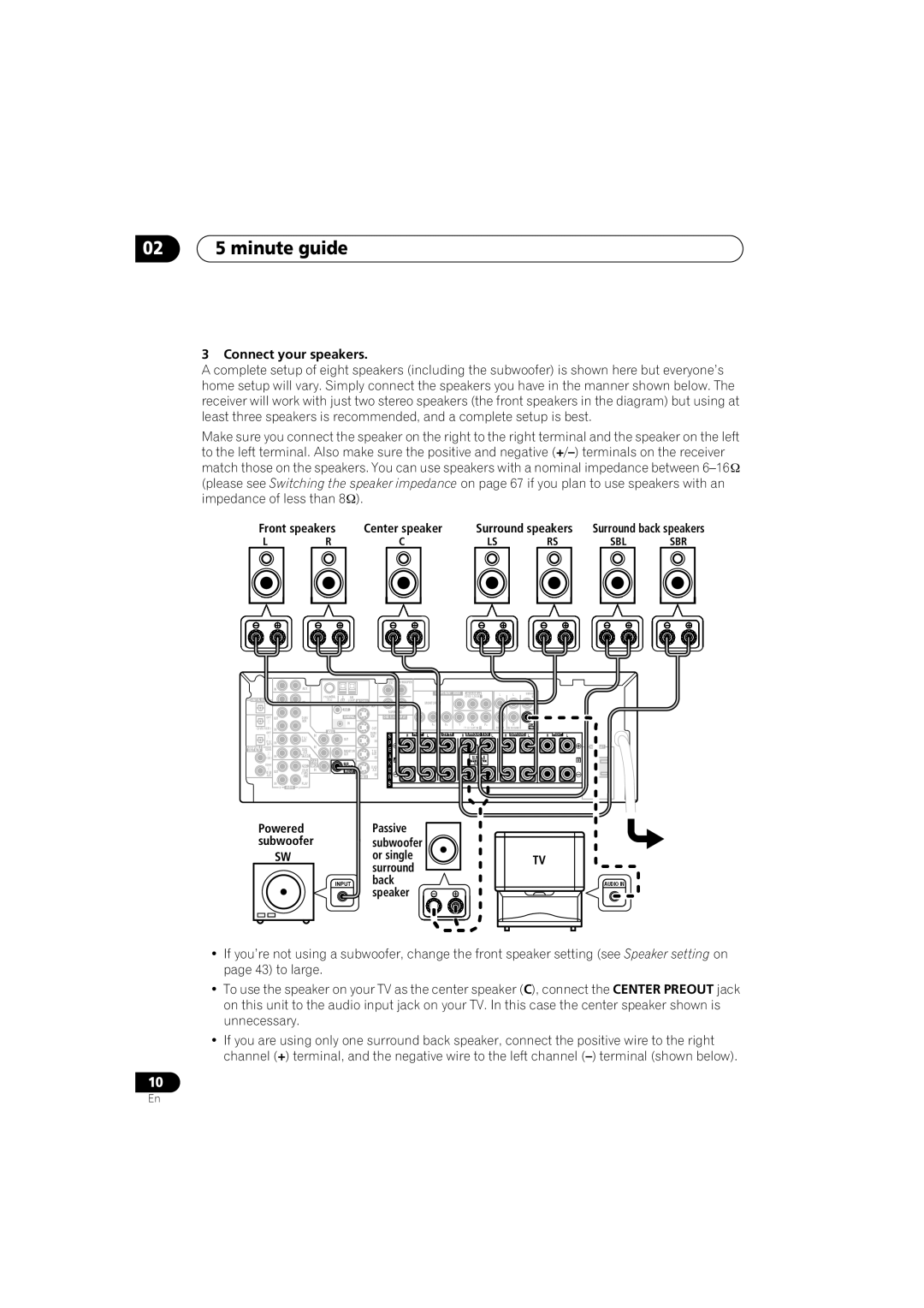 Pioneer VSX-D814 02 5 minute guide, Connect your speakers, Front speakers, Powered Passive Subwoofer Or single Surround 