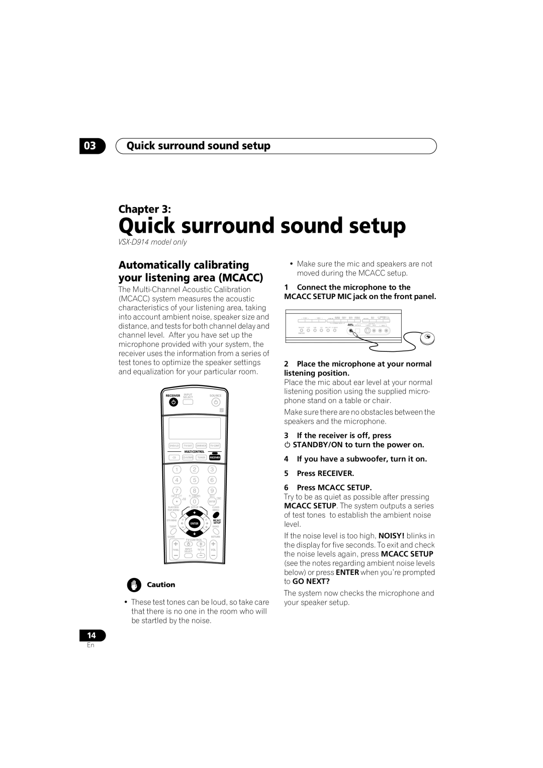 Pioneer VSX-D814, VSX-D914 Quick surround sound setup Chapter, Place the microphone at your normal listening position 