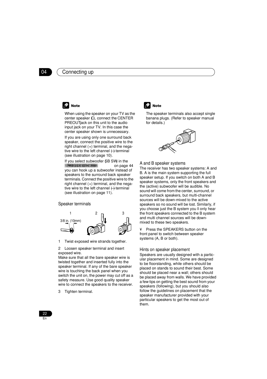 Pioneer VSX-D814 manual Connecting up, Speaker terminals, B speaker systems, Hints on speaker placement, Tighten terminal 