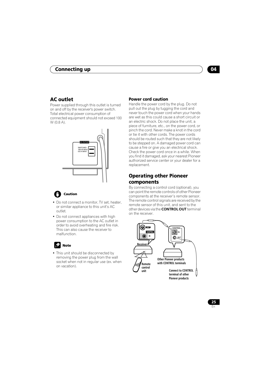 Pioneer VSX-D914, VSX-D814 manual Connecting up AC outlet, Operating other Pioneer components, Power cord caution 