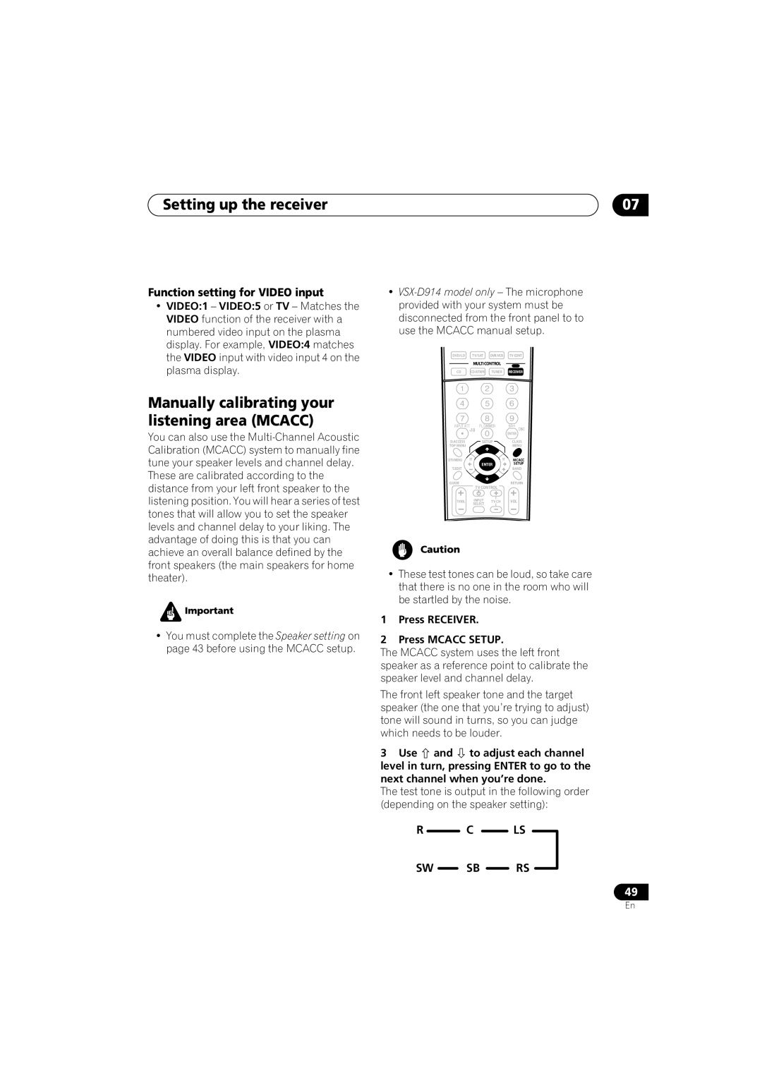 Pioneer VSX-D914, VSX-D814 manual Manually calibrating your listening area Mcacc, Function setting for Video input 