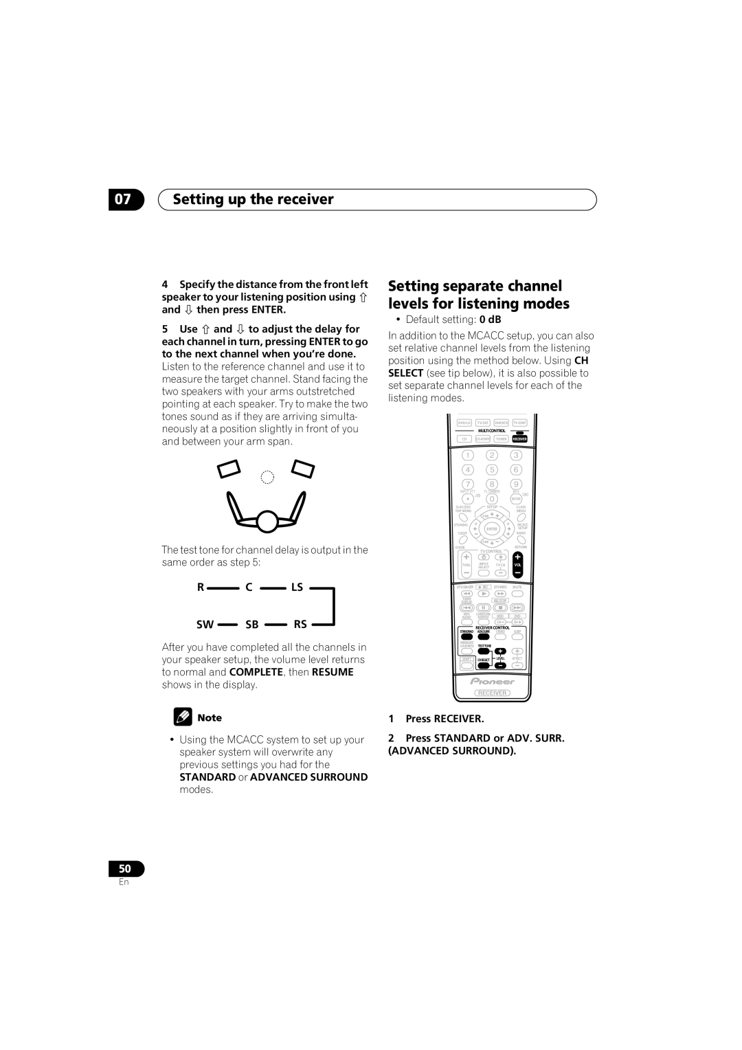 Pioneer VSX-D814, VSX-D914 Setting separate channel levels for listening modes, Press Receiver Press Standard or ADV. Surr 