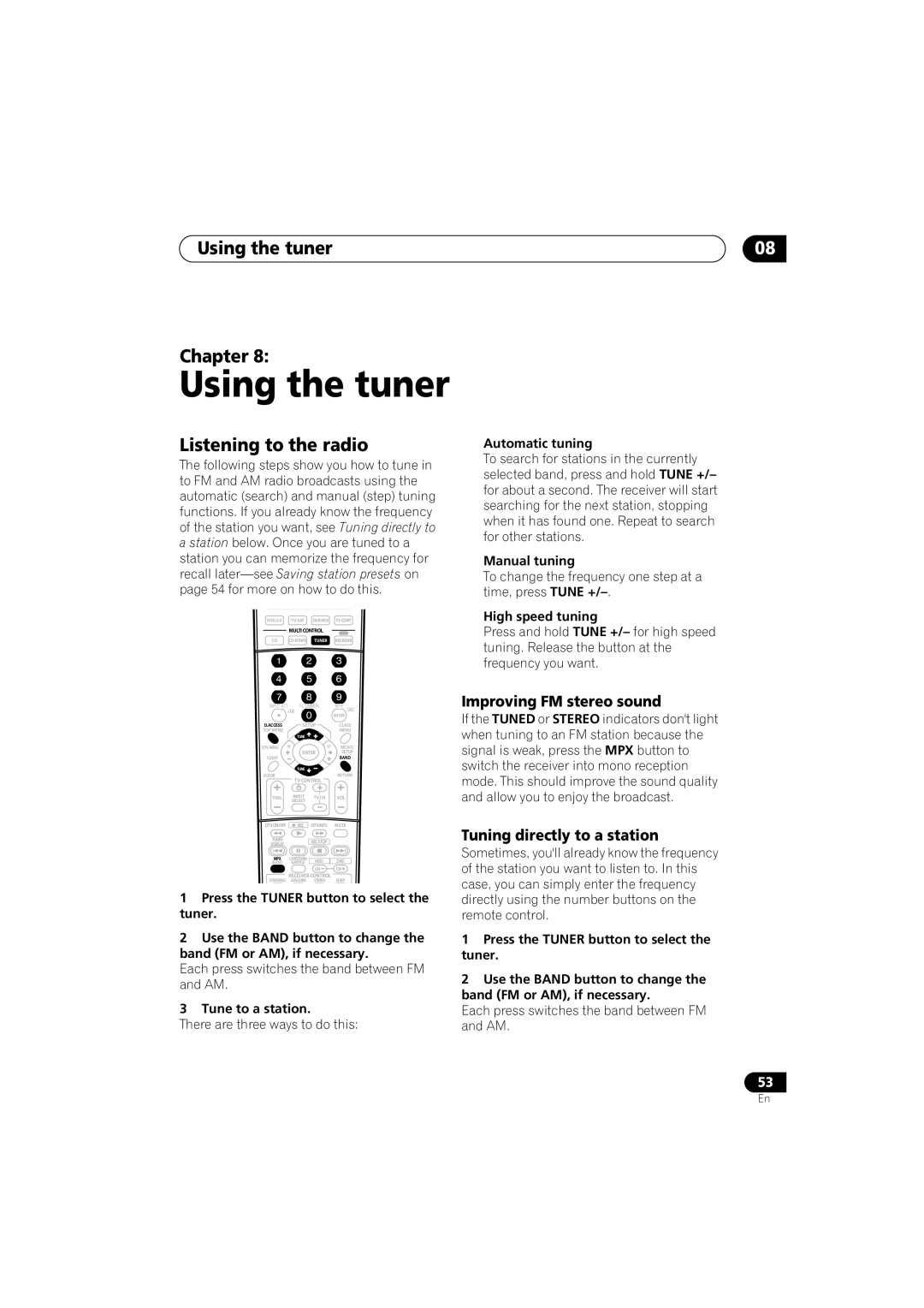 Pioneer VSX-D914, VSX-D814 manual Using the tuner Chapter, Listening to the radio, Improving FM stereo sound 