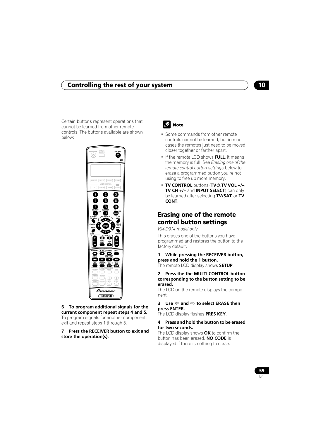 Pioneer VSX-D914, VSX-D814 Erasing one of the remote control button settings, Use and to select Erase then press Enter 