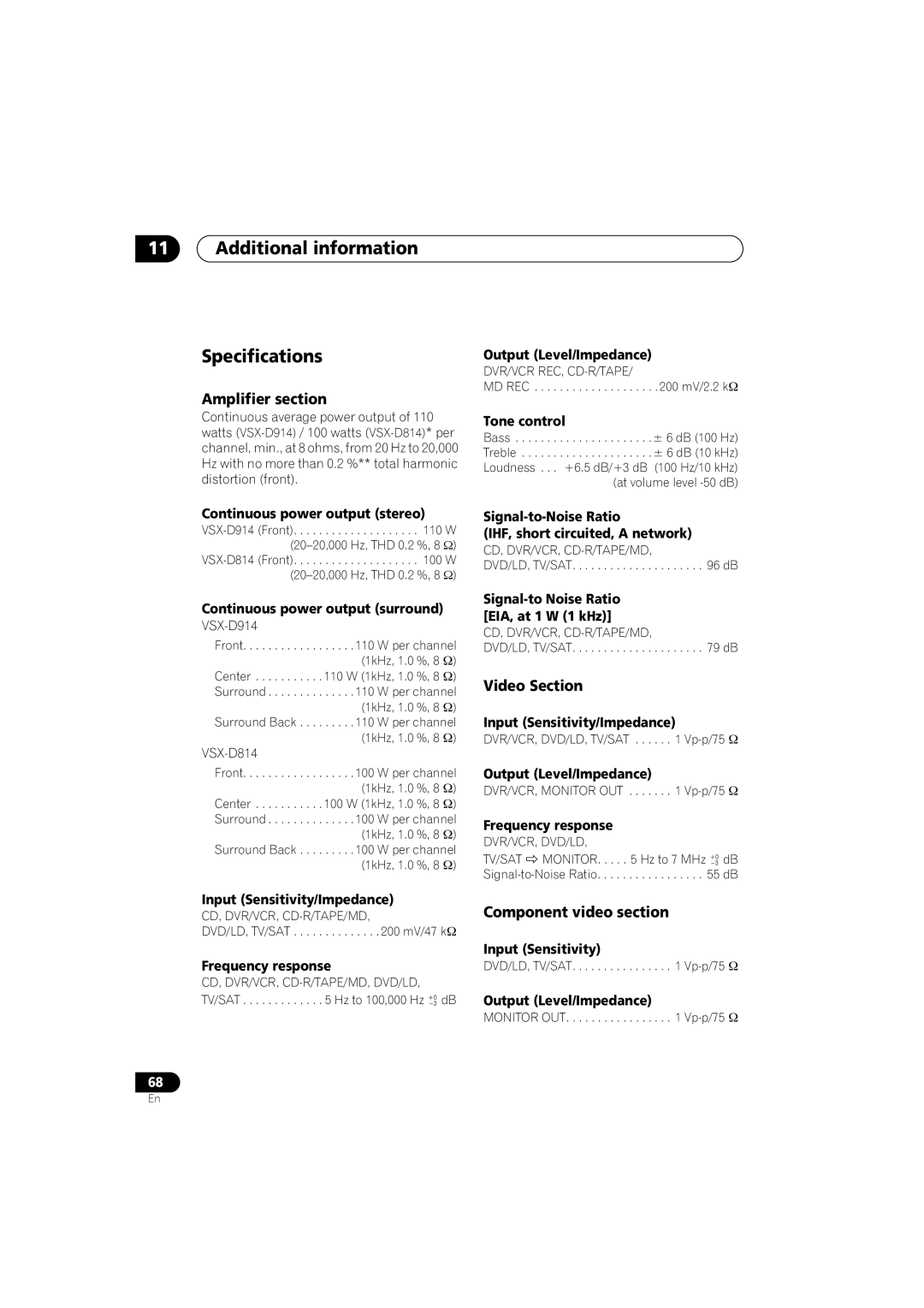 Pioneer VSX-D814 manual Additional information Specifications, Amplifier section, Video Section, Component video section 