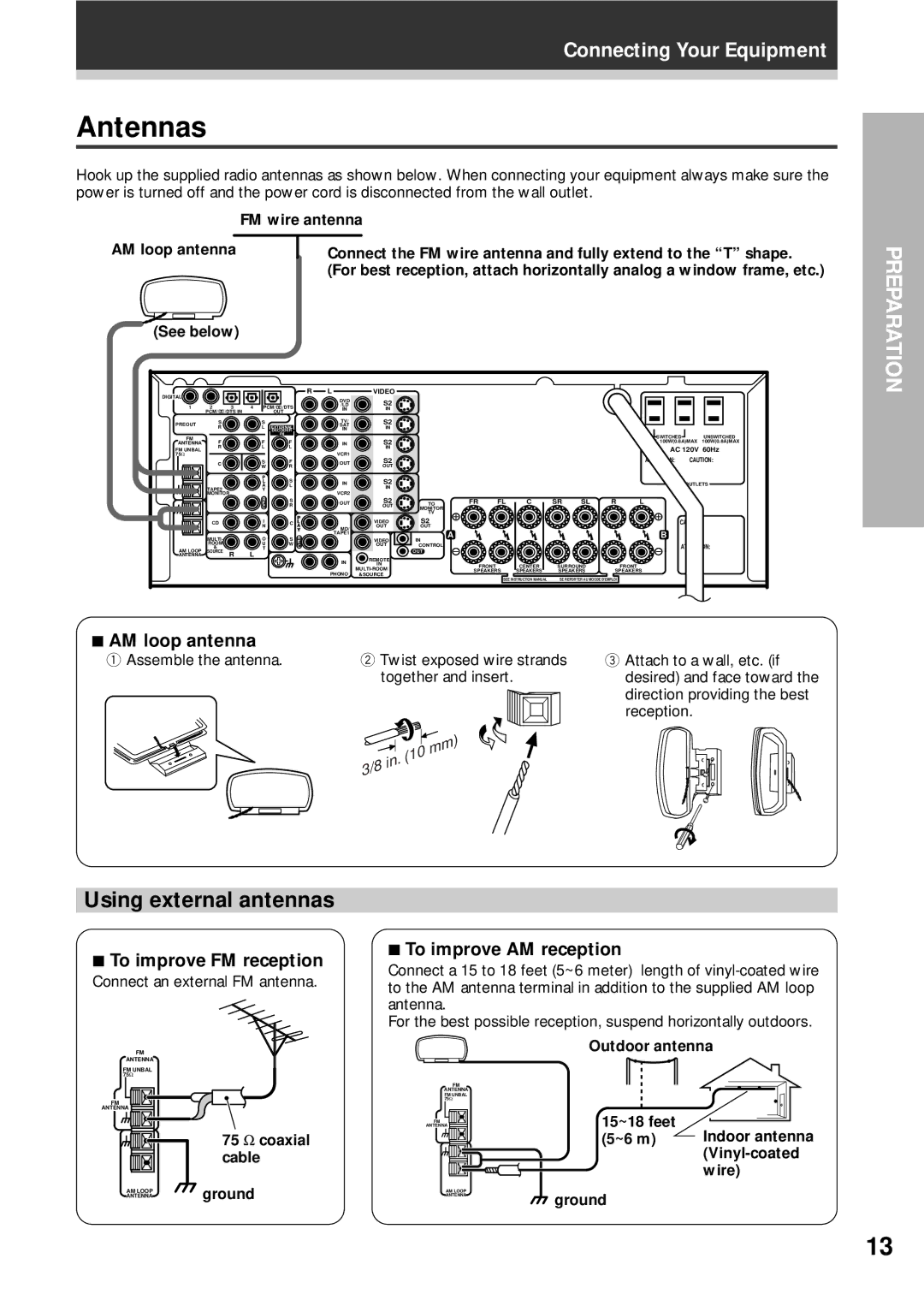 Pioneer VSX-D908S Antennas, Using external antennas, AM loop antenna, To improve FM reception, To improve AM reception 