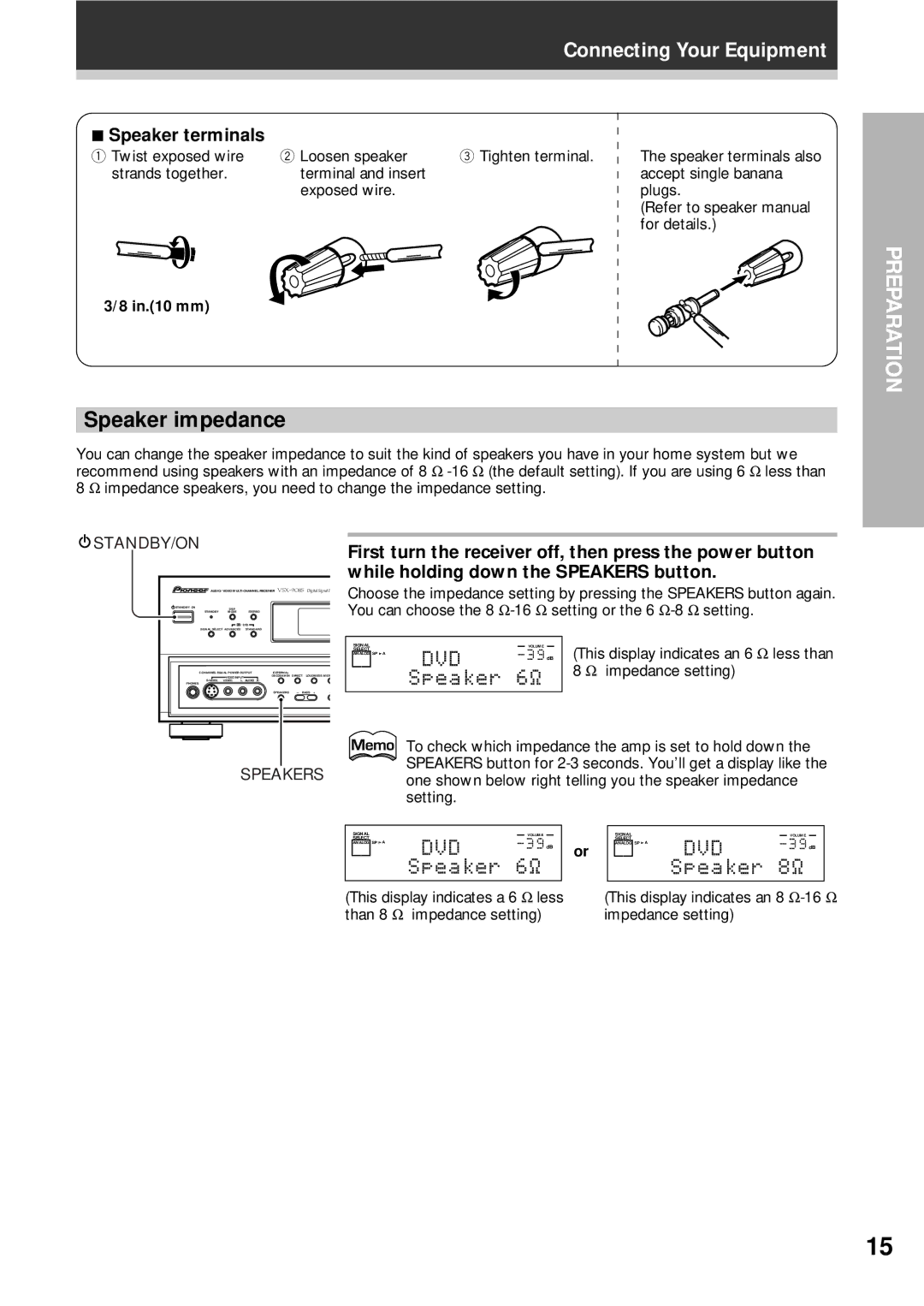 Pioneer VSX-D908S Speaker impedance, Speaker terminals, First turn the receiver off, then press the power button, In.10 mm 