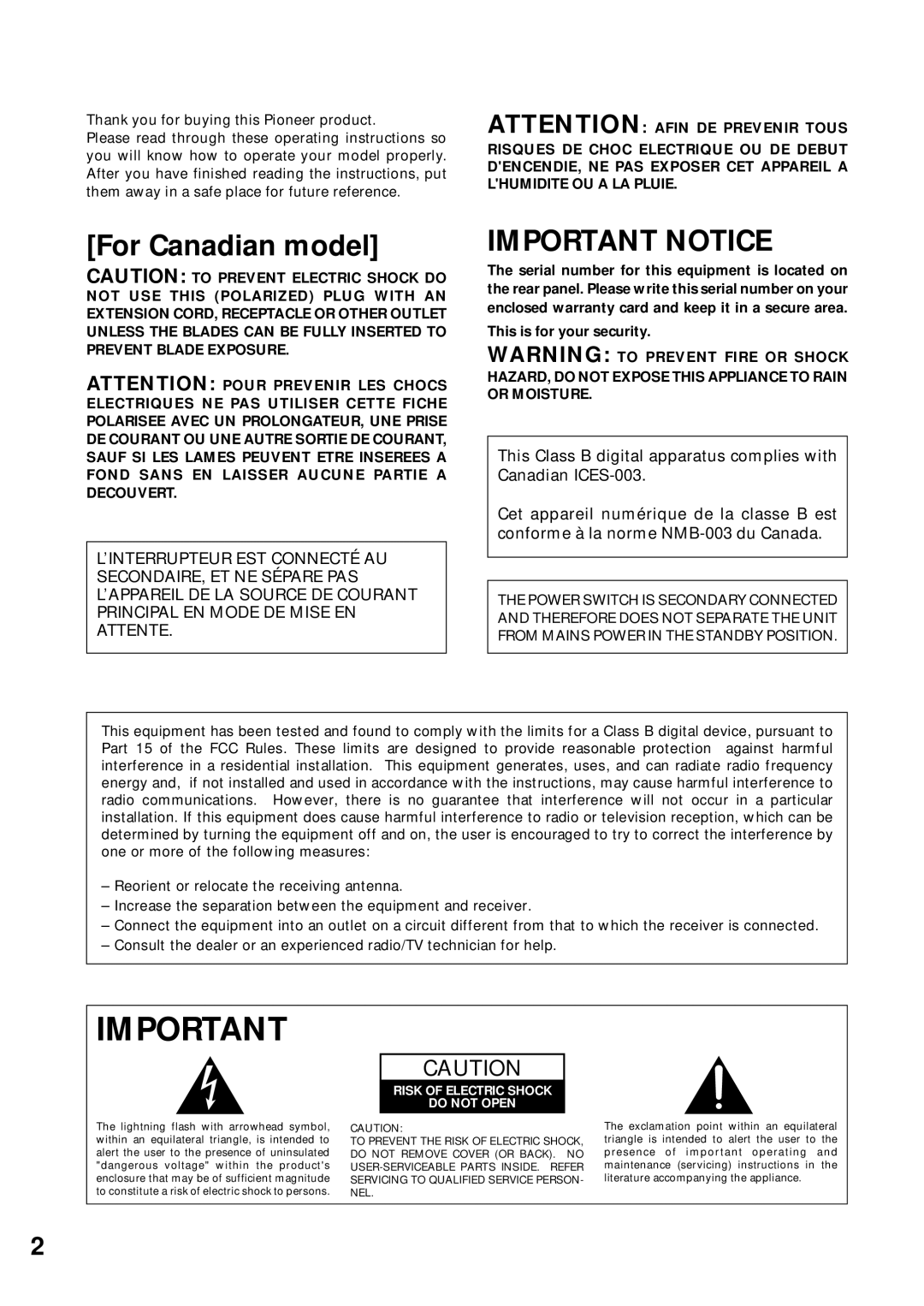 Pioneer VSX-D908S operating instructions For Canadian model, This is for your security 