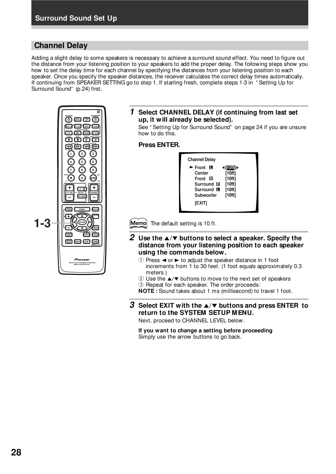 Pioneer VSX-D908S Channel Delay, Use the 5´ buttons to select a speaker. Specify, Using the commands below 