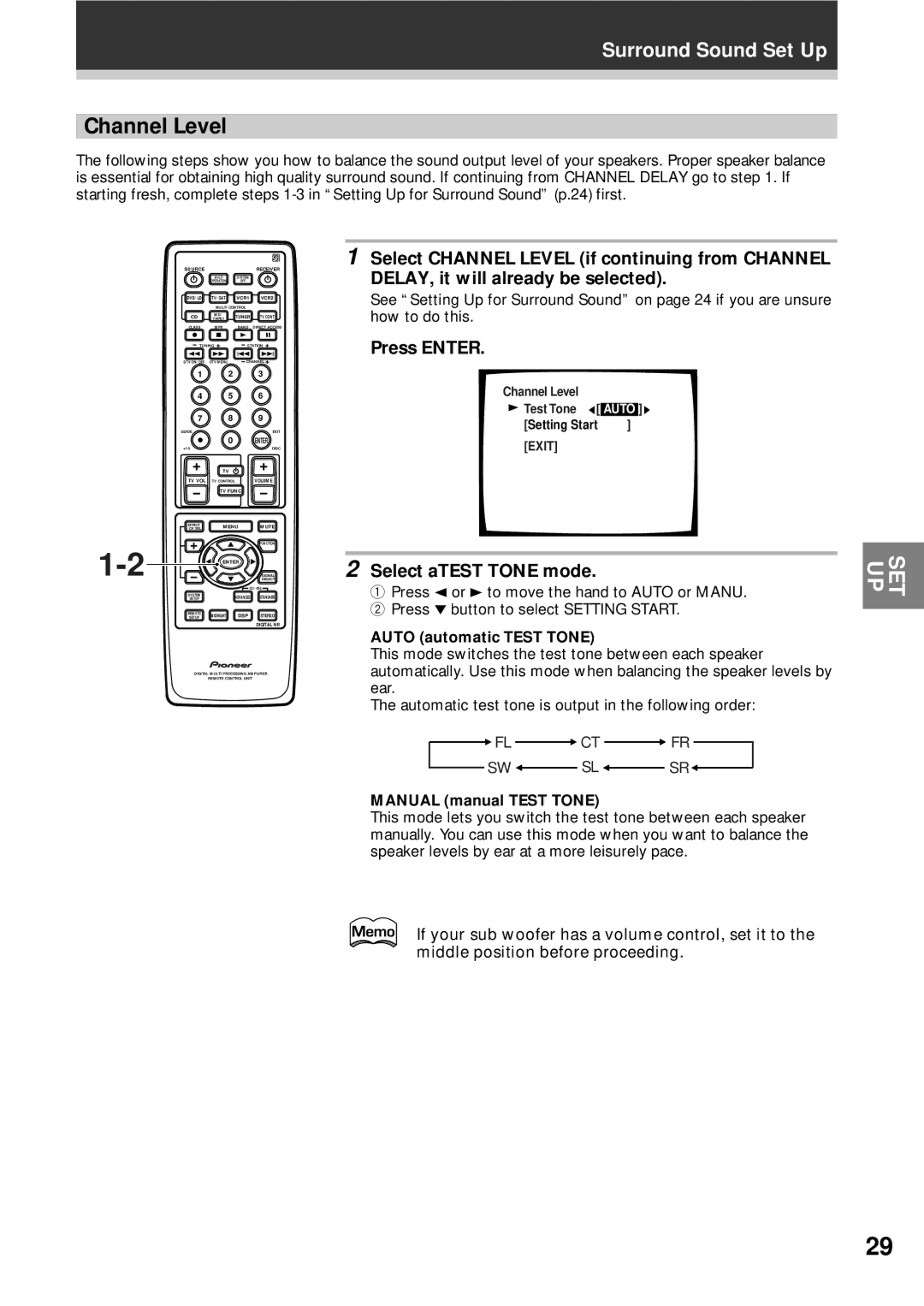 Pioneer VSX-D908S Channel Level, Select aTEST Tone mode, Auto automatic Test Tone, Manual manual Test Tone 