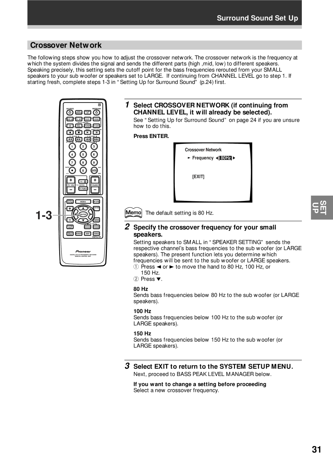 Pioneer VSX-D908S operating instructions Crossover Network, Specify the crossover frequency for your small speakers 