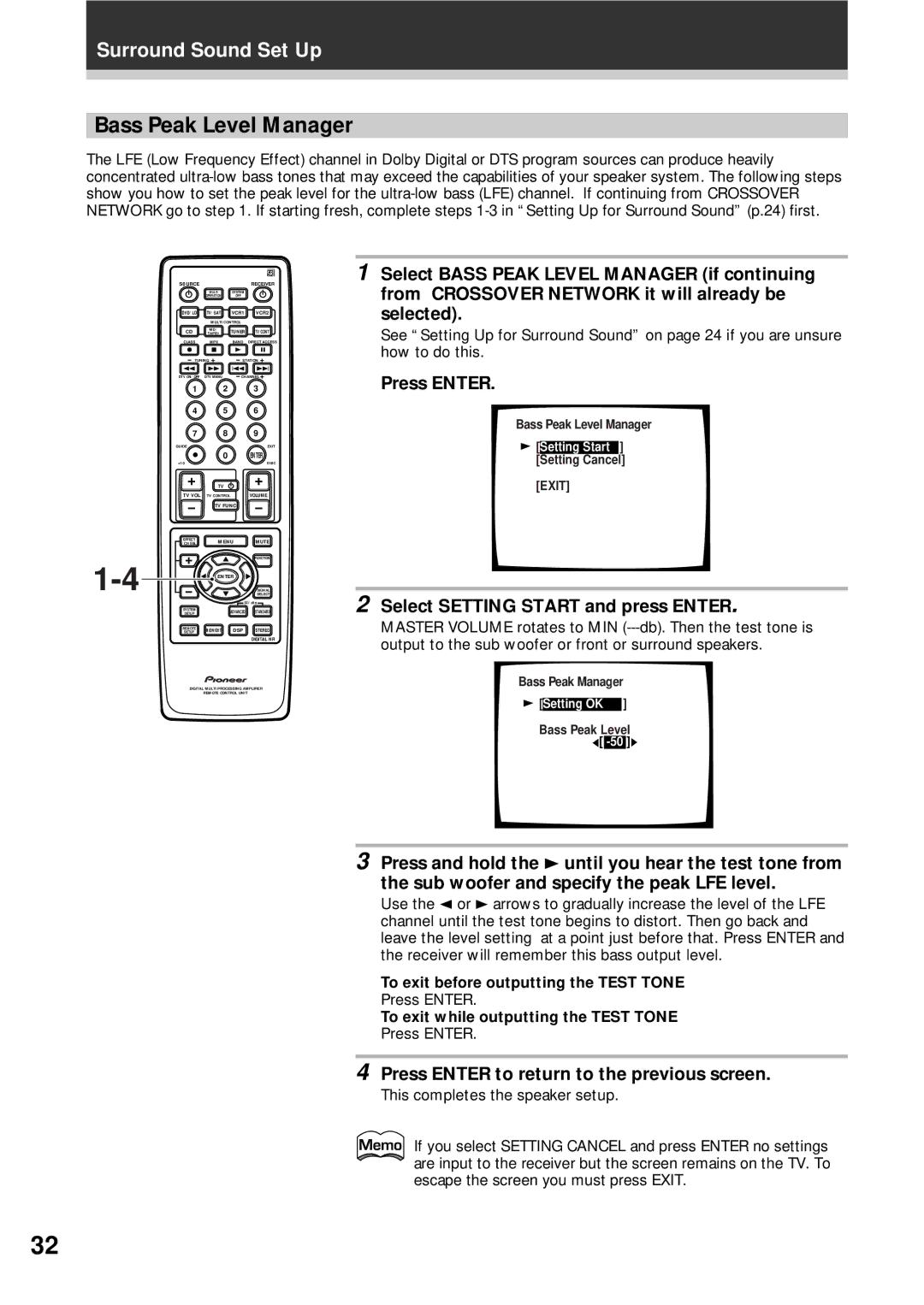 Pioneer VSX-D908S operating instructions Bass Peak Level Manager, Select Setting Start and press Enter 