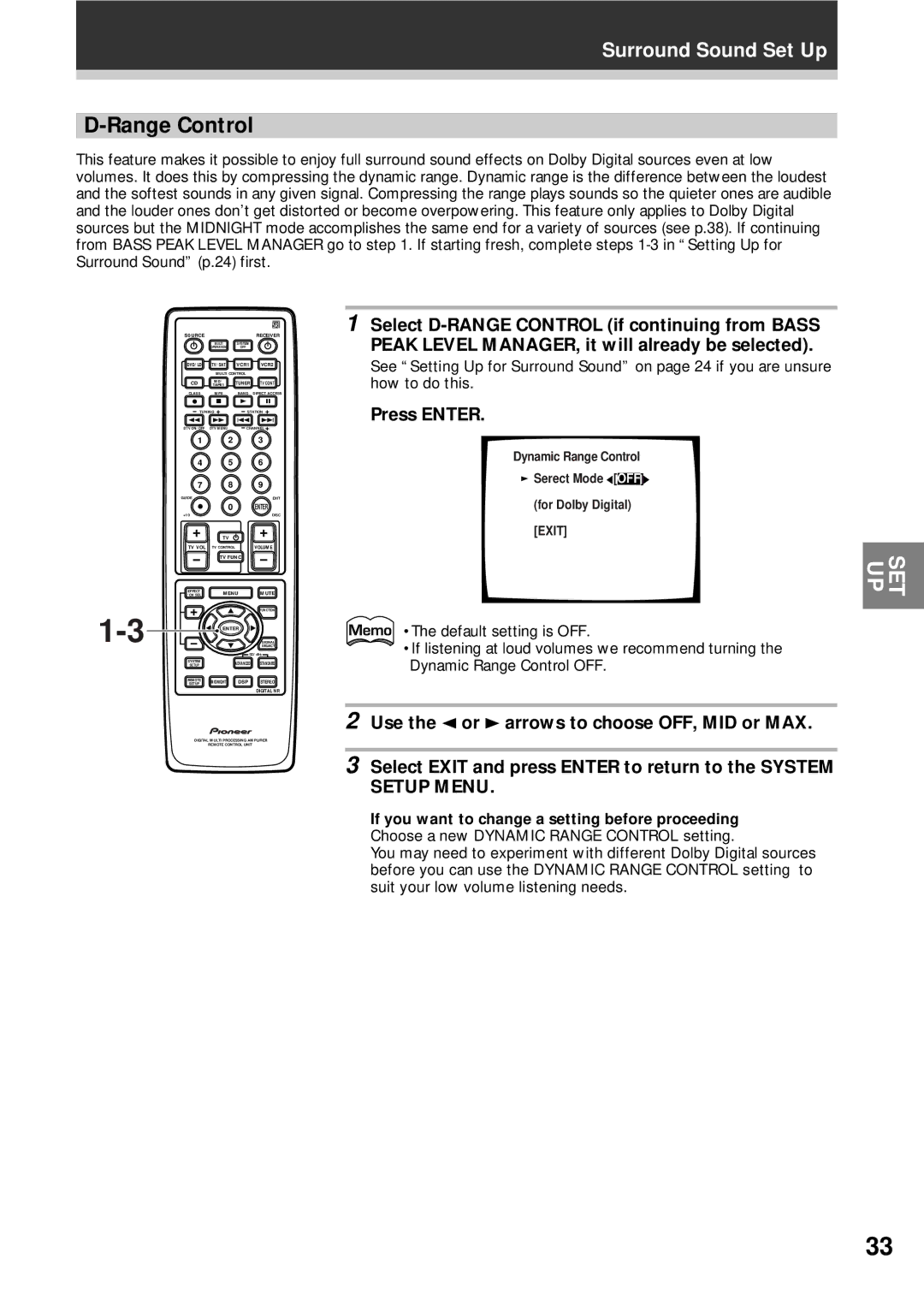 Pioneer VSX-D908S operating instructions Range Control, Use the 2 or 3 arrows to choose OFF, MID or MAX 