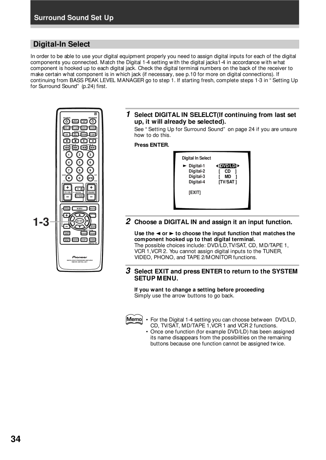 Pioneer VSX-D908S operating instructions Digital-In Select, Choose a Digital in and assign it an input function 