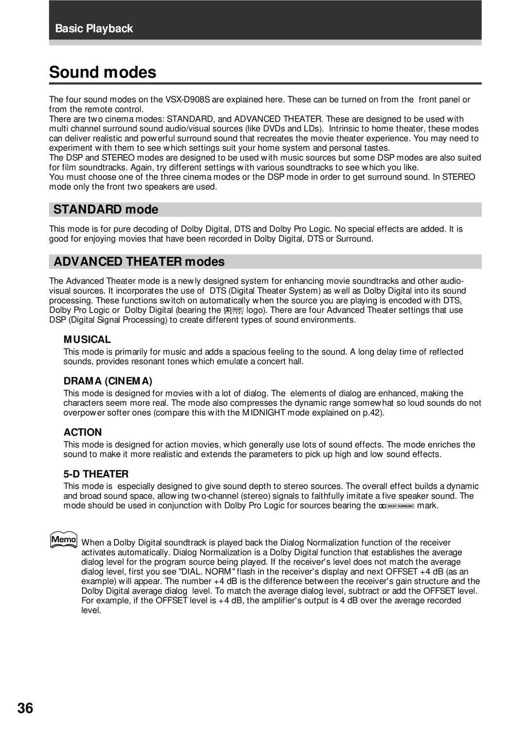 Pioneer VSX-D908S operating instructions Sound modes, Standard mode 