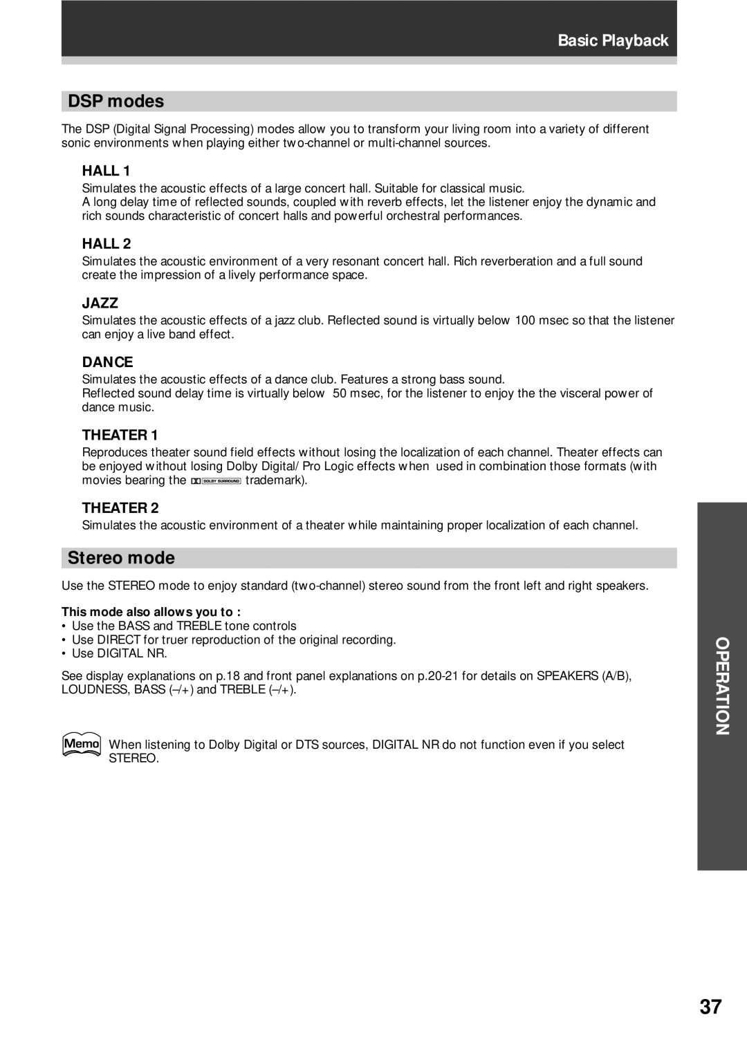 Pioneer VSX-D908S operating instructions DSP modes, Stereo mode, Hall, Jazz, Dance 