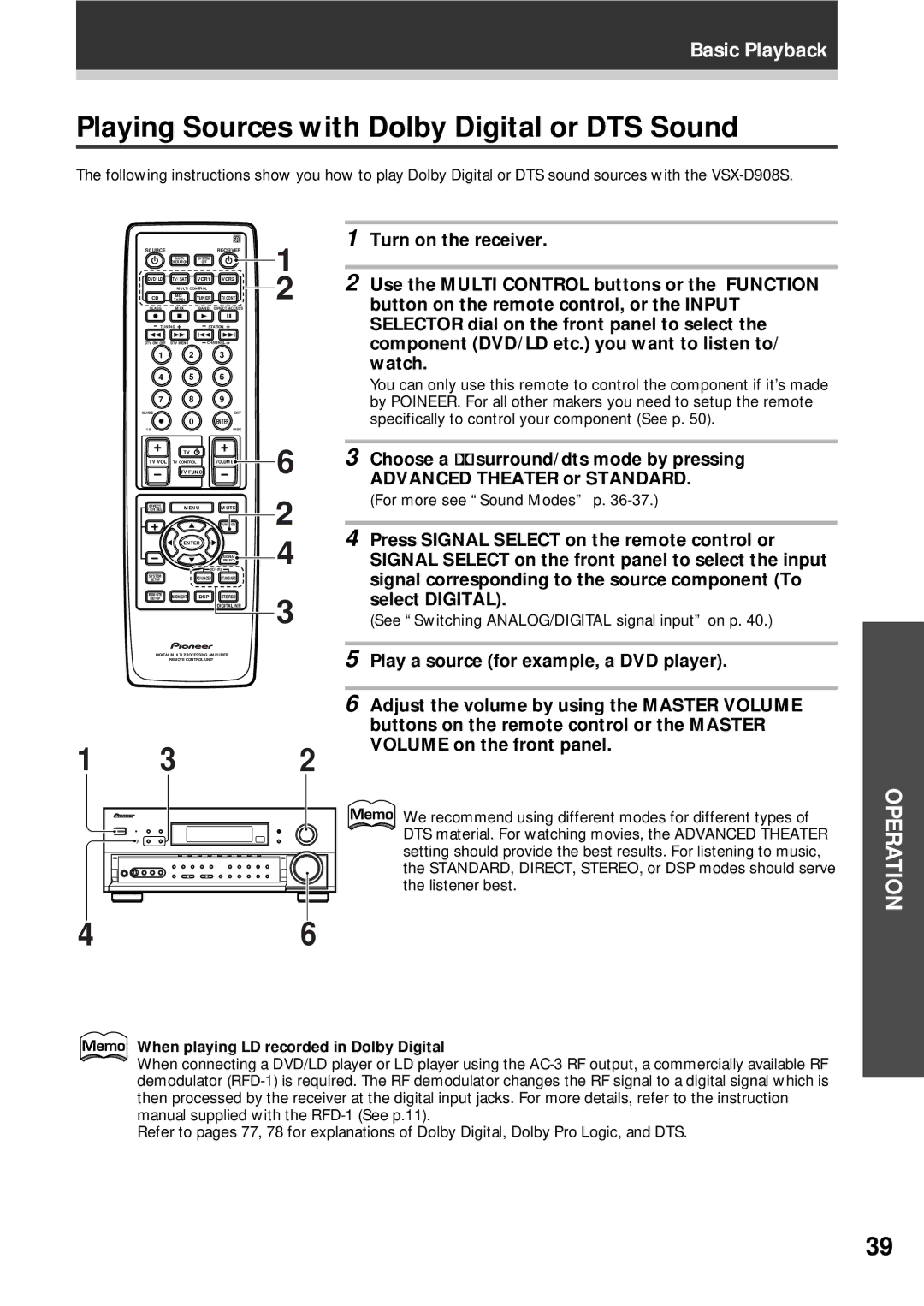 Pioneer VSX-D908S operating instructions Playing Sources with Dolby Digital or DTS Sound, For more see Sound Modes p 