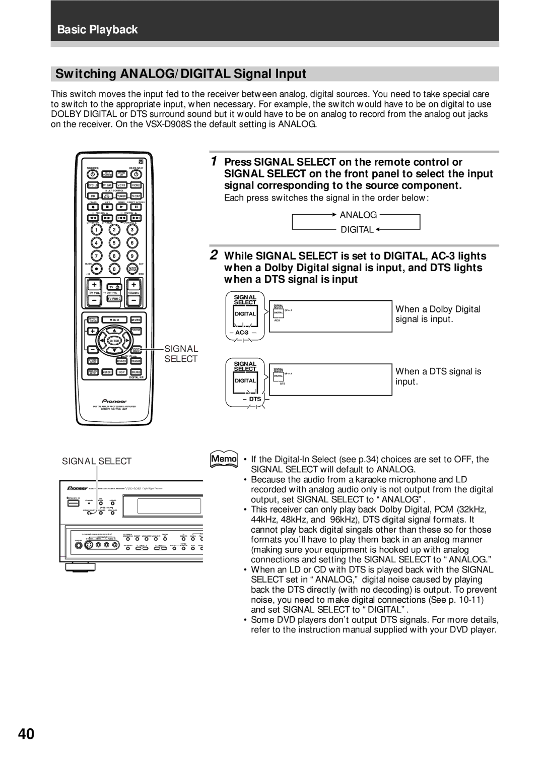 Pioneer VSX-D908S operating instructions Switching ANALOG/DIGITAL Signal Input, Analog Digital 