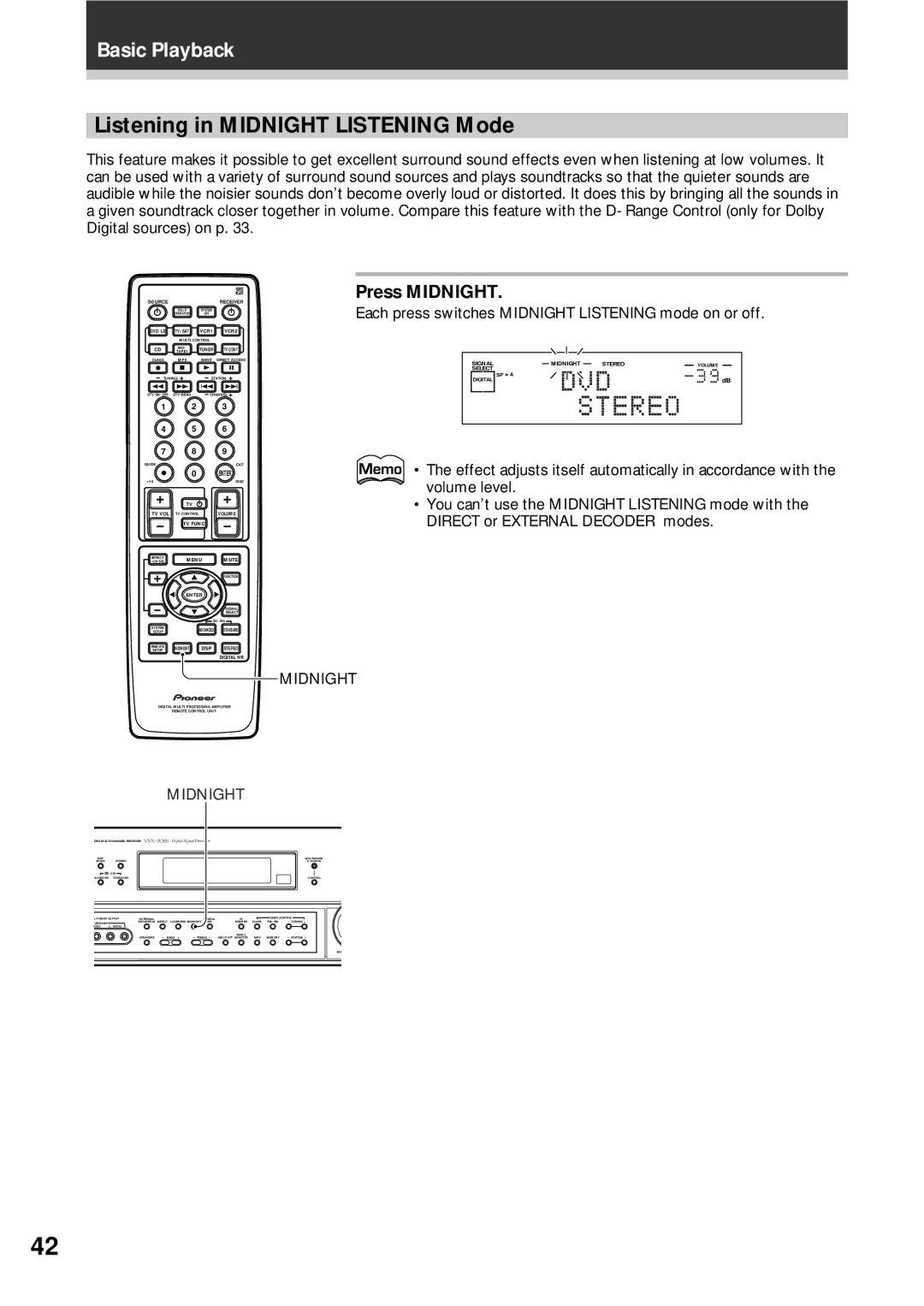 Pioneer VSX-D908S operating instructions Listening in Midnight Listening Mode, Press Midnight 