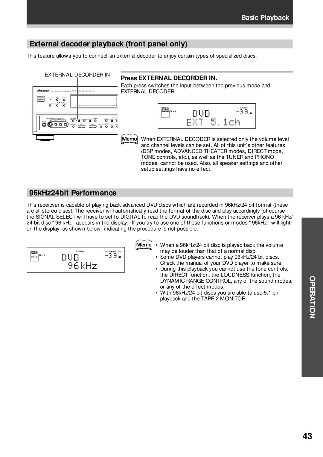 Pioneer VSX-D908S External decoder playback front panel only, 96kHz24bit Performance, Press External Decorder 