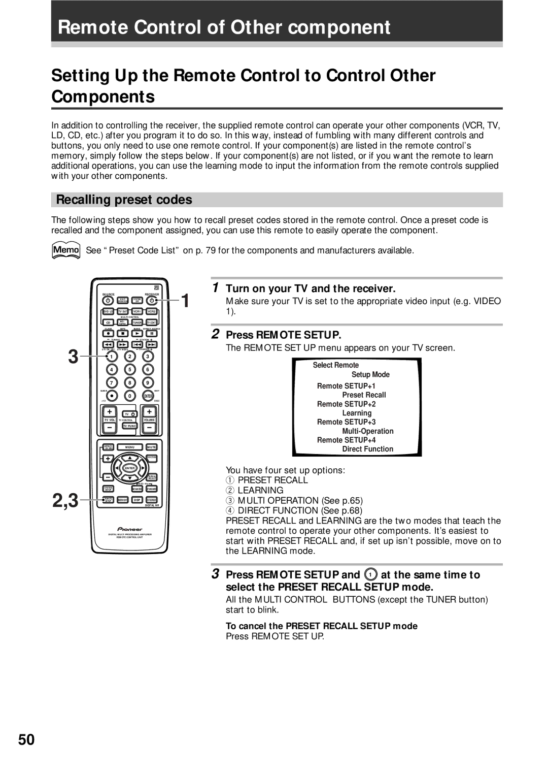 Pioneer VSX-D908S Remote Control of Other component, Setting Up the Remote Control to Control Other Components 