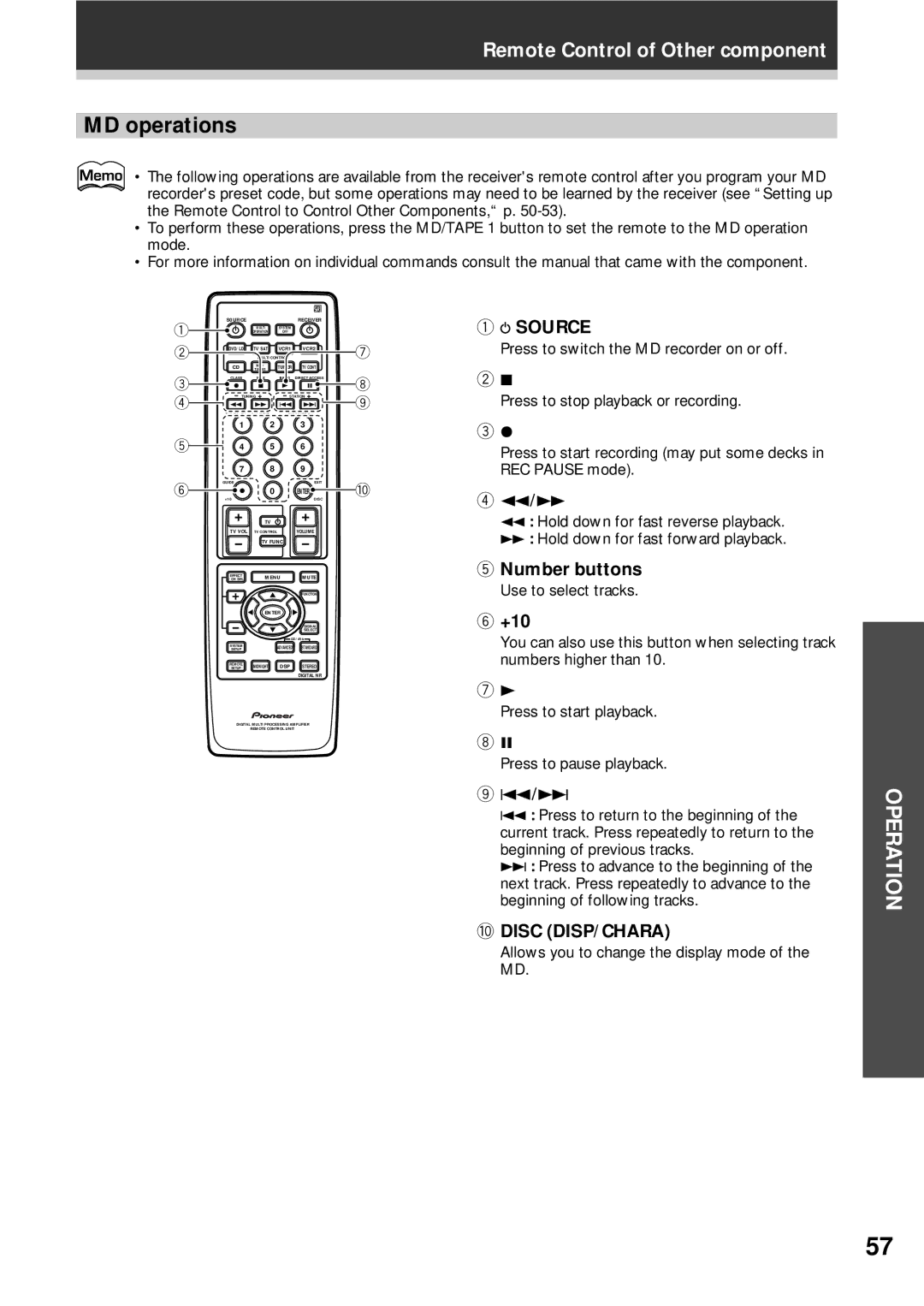 Pioneer VSX-D908S operating instructions MD operations, Disc DISP/CHARA 