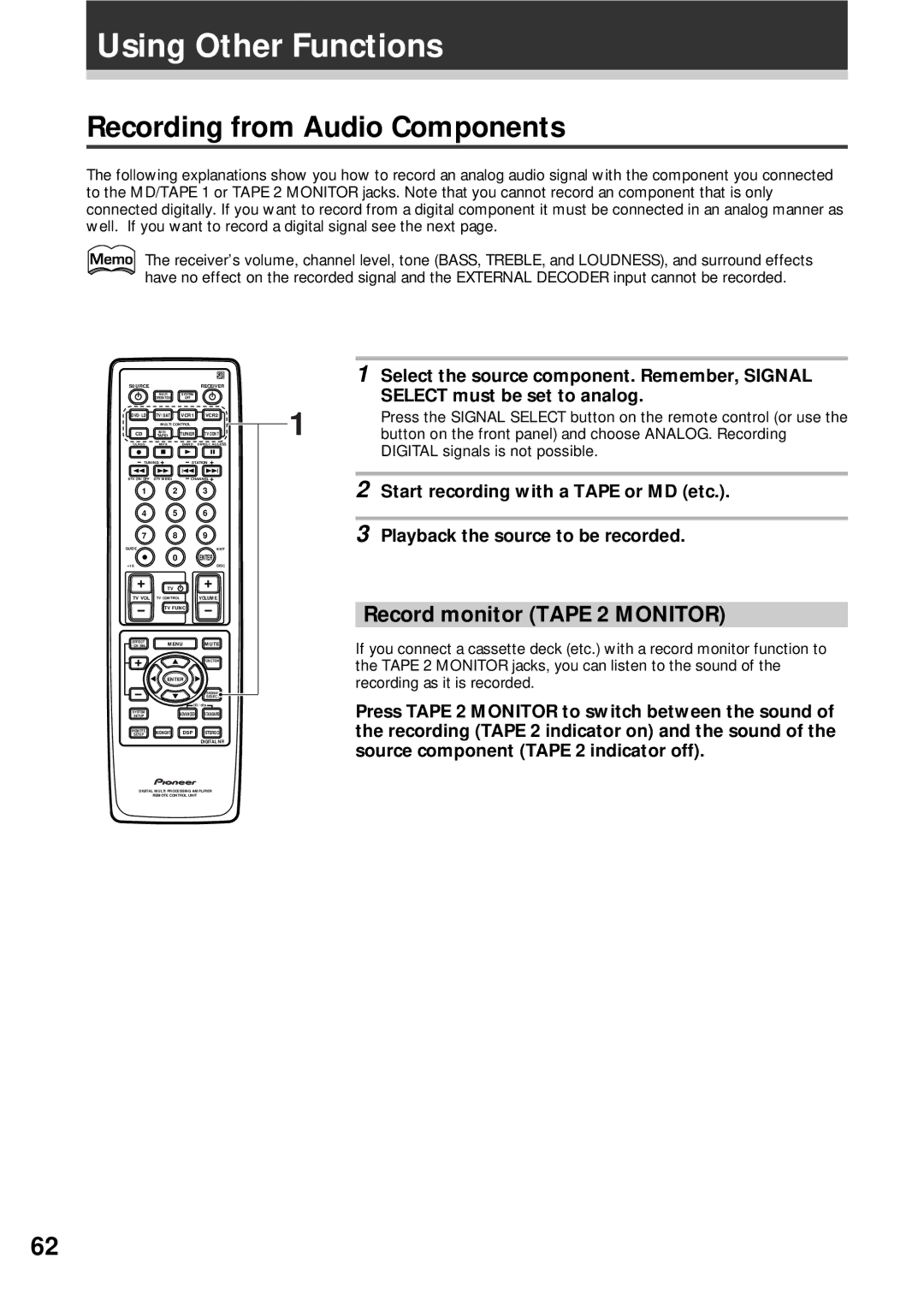 Pioneer VSX-D908S Using Other Functions, Recording from Audio Components, Record monitor Tape 2 Monitor 