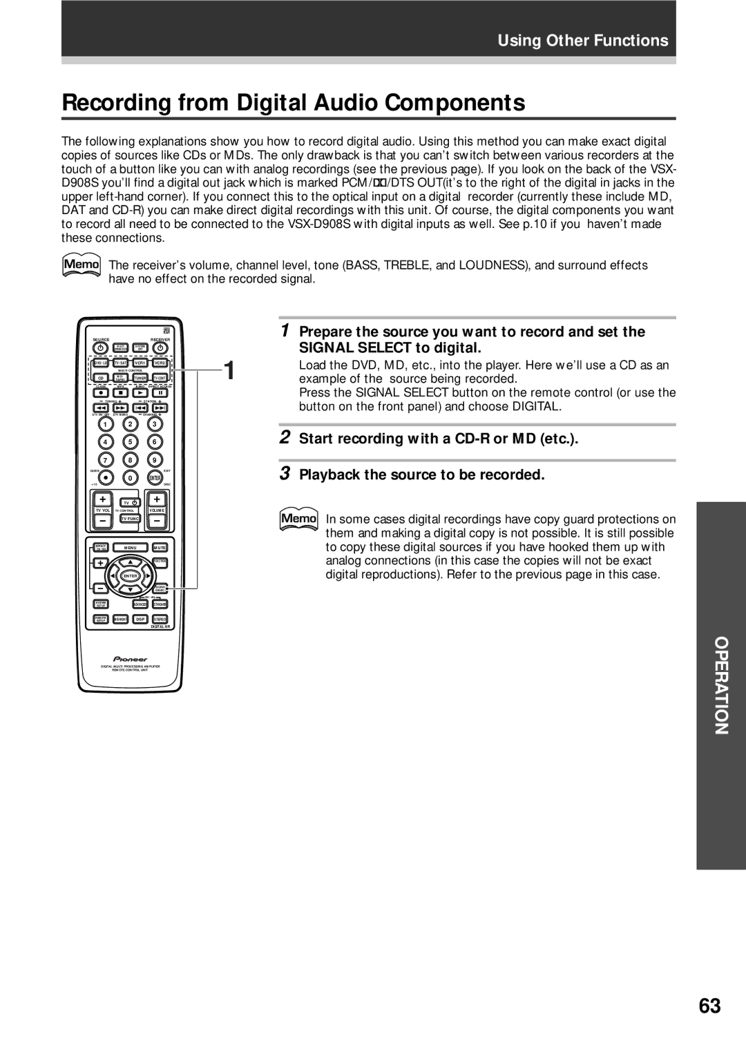 Pioneer VSX-D908S operating instructions Recording from Digital Audio Components 