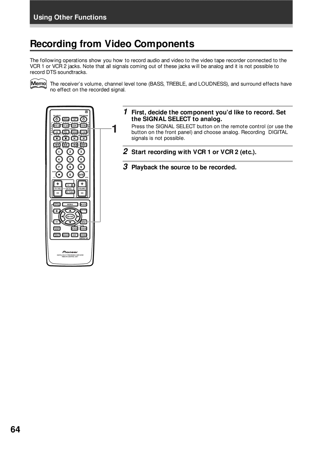 Pioneer VSX-D908S operating instructions Recording from Video Components 