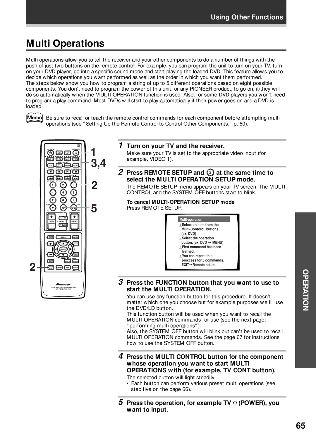 Pioneer VSX-D908S operating instructions Multi Operations, To cancel MULTI-OPERATION Setup mode, Press Remote Setup 