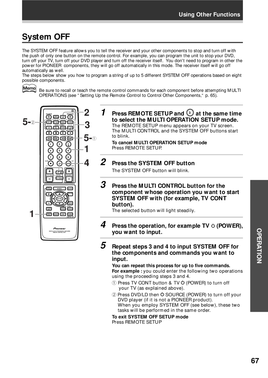 Pioneer VSX-D908S operating instructions System OFF, You can repeat this process for up to five commands 