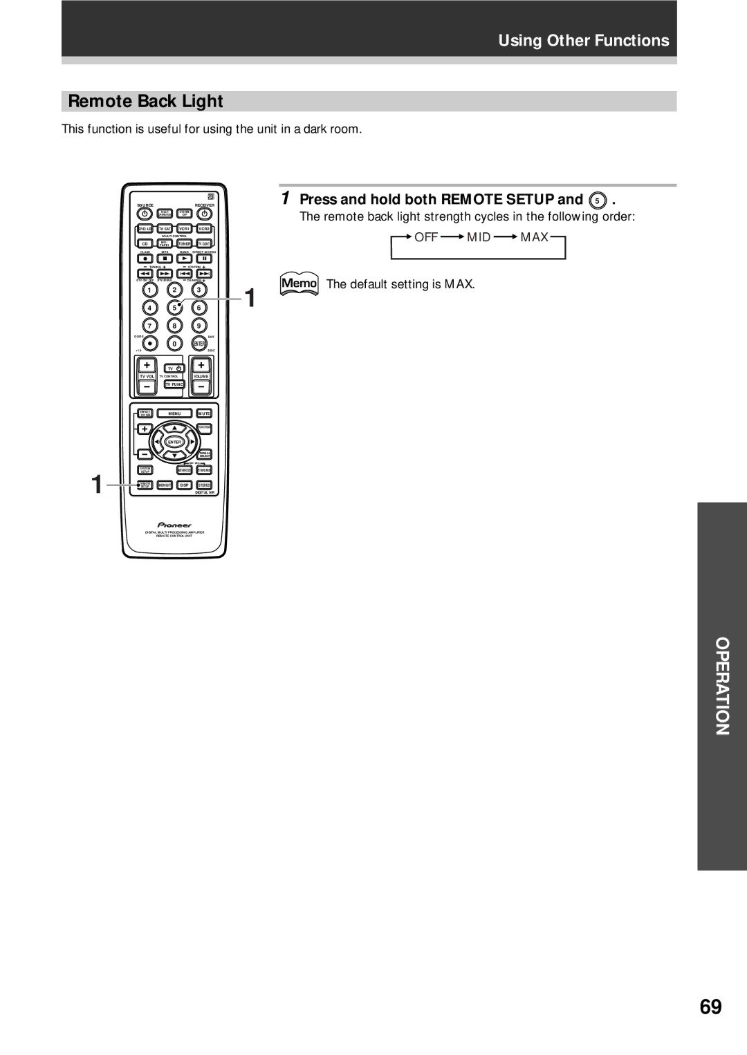 Pioneer VSX-D908S operating instructions Remote Back Light, Press and hold both Remote Setup, Off Mid Max 